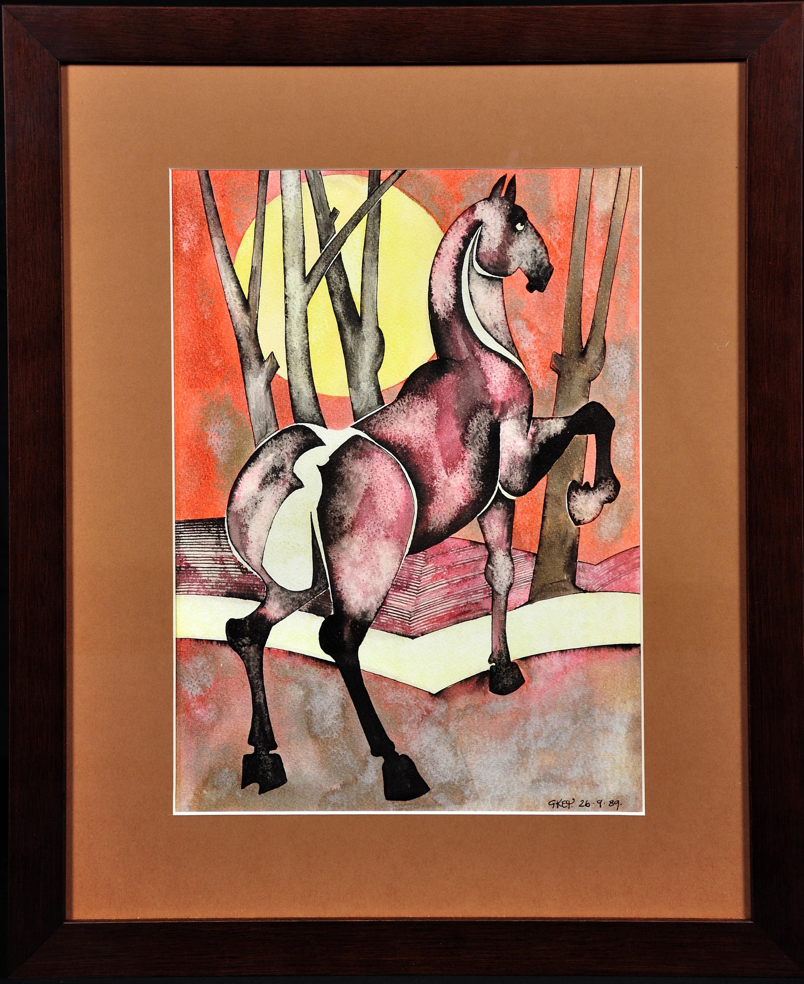 Geoffrey Key. 
English ( b.1941 ).
Horse with Rising Sun, 1989.
Ink and Watercolor Wash. Signed & Dated.
Image size 13.6 inches x 9.7 inches ( 34.5cm x 24.5cm ).
Frame size 20.5 inches x 16.5 inches ( 52cm x 42cm ).

Available for sale; this