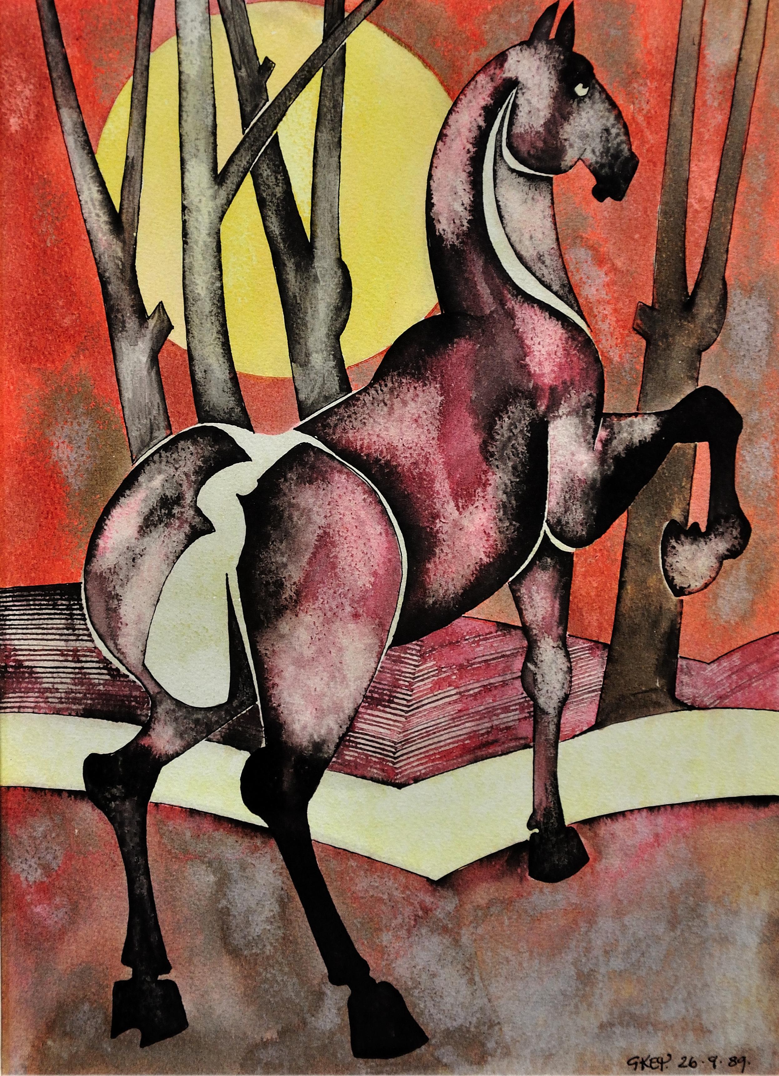 Pferd mit aufsteigender Sonne, 1989. Nördliche Kunst. Geoffrey Key. Original-Aquarell. im Angebot 1