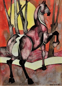 Cheval au soleil levant Aquarelle moderne British Northern Art Japanese Aesthetic