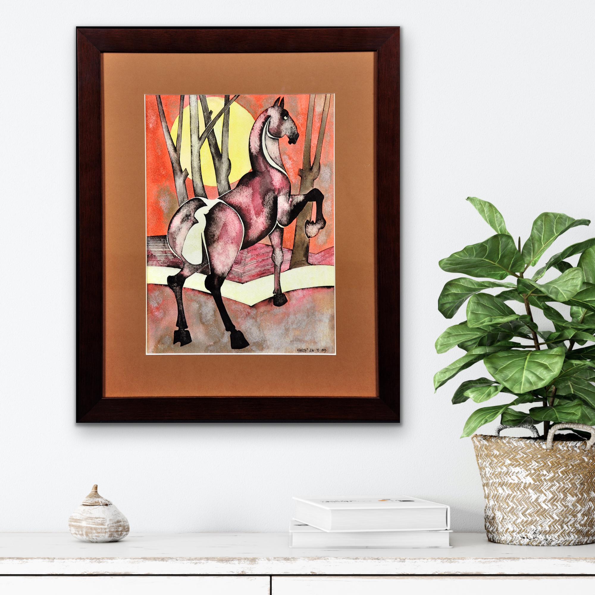 Horse with Rising Sun, 1989. Northern Art. Geoffrey Key. Original Watercolor. For Sale 11
