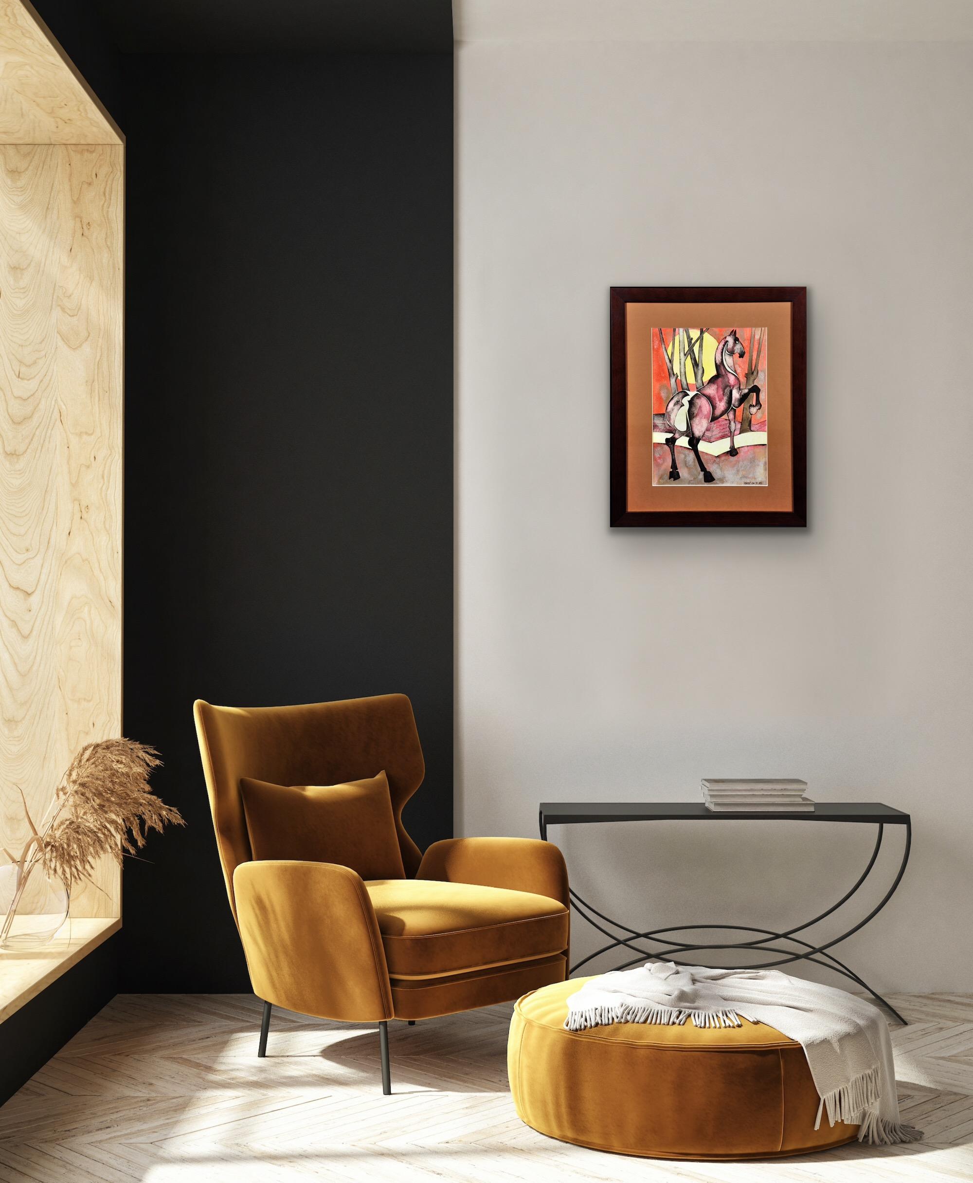 Caballo Con Sol Naciente Modern British Northern Art Acuarela Estética Japonesa en venta 2
