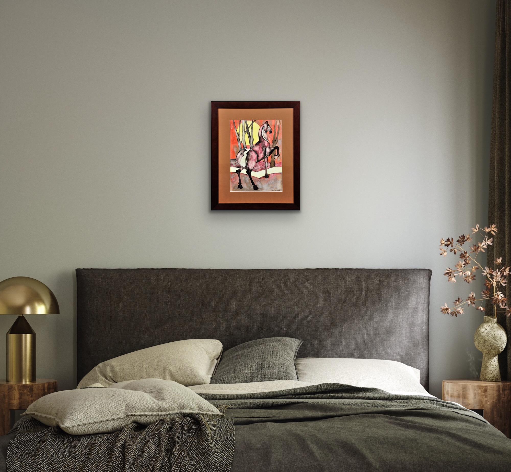 Caballo Con Sol Naciente Modern British Northern Art Acuarela Estética Japonesa en venta 6
