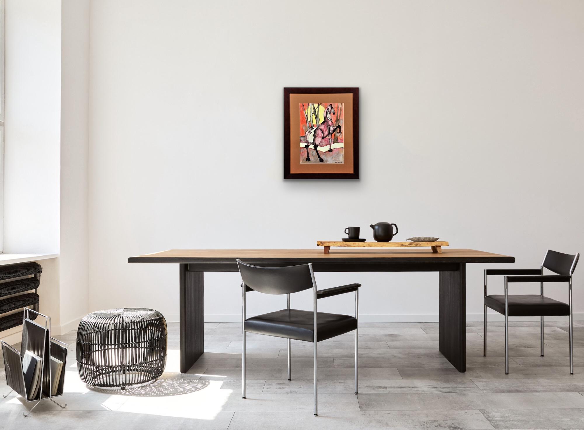 Caballo Con Sol Naciente Modern British Northern Art Acuarela Estética Japonesa en venta 4