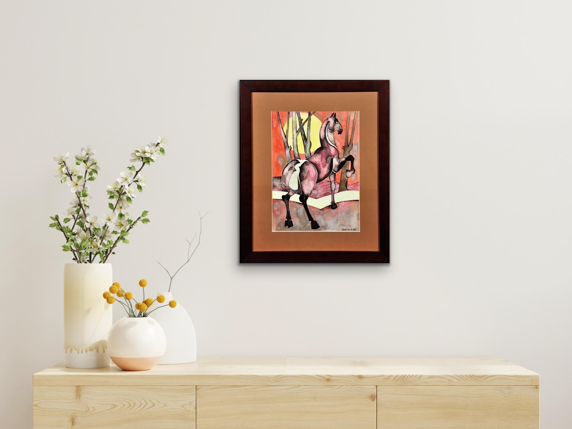 Caballo Con Sol Naciente Modern British Northern Art Acuarela Estética Japonesa en venta 10