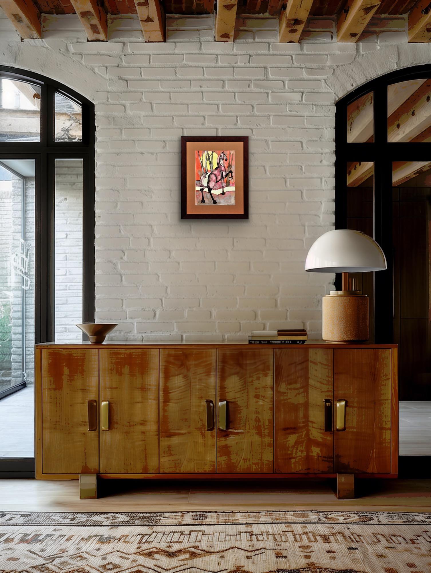 Caballo Con Sol Naciente Modern British Northern Art Acuarela Estética Japonesa en venta 8