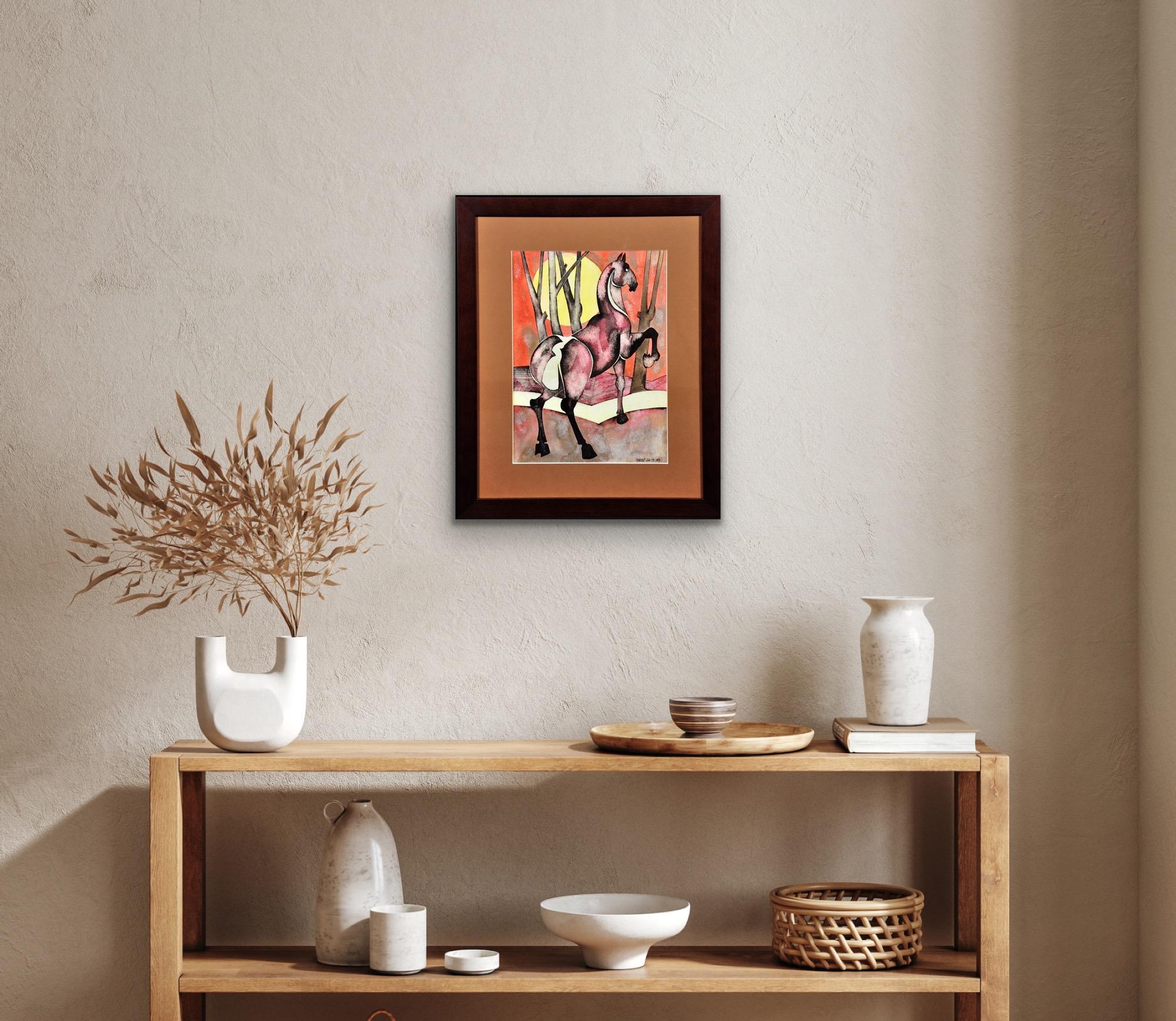 Caballo Con Sol Naciente Modern British Northern Art Acuarela Estética Japonesa en venta 16