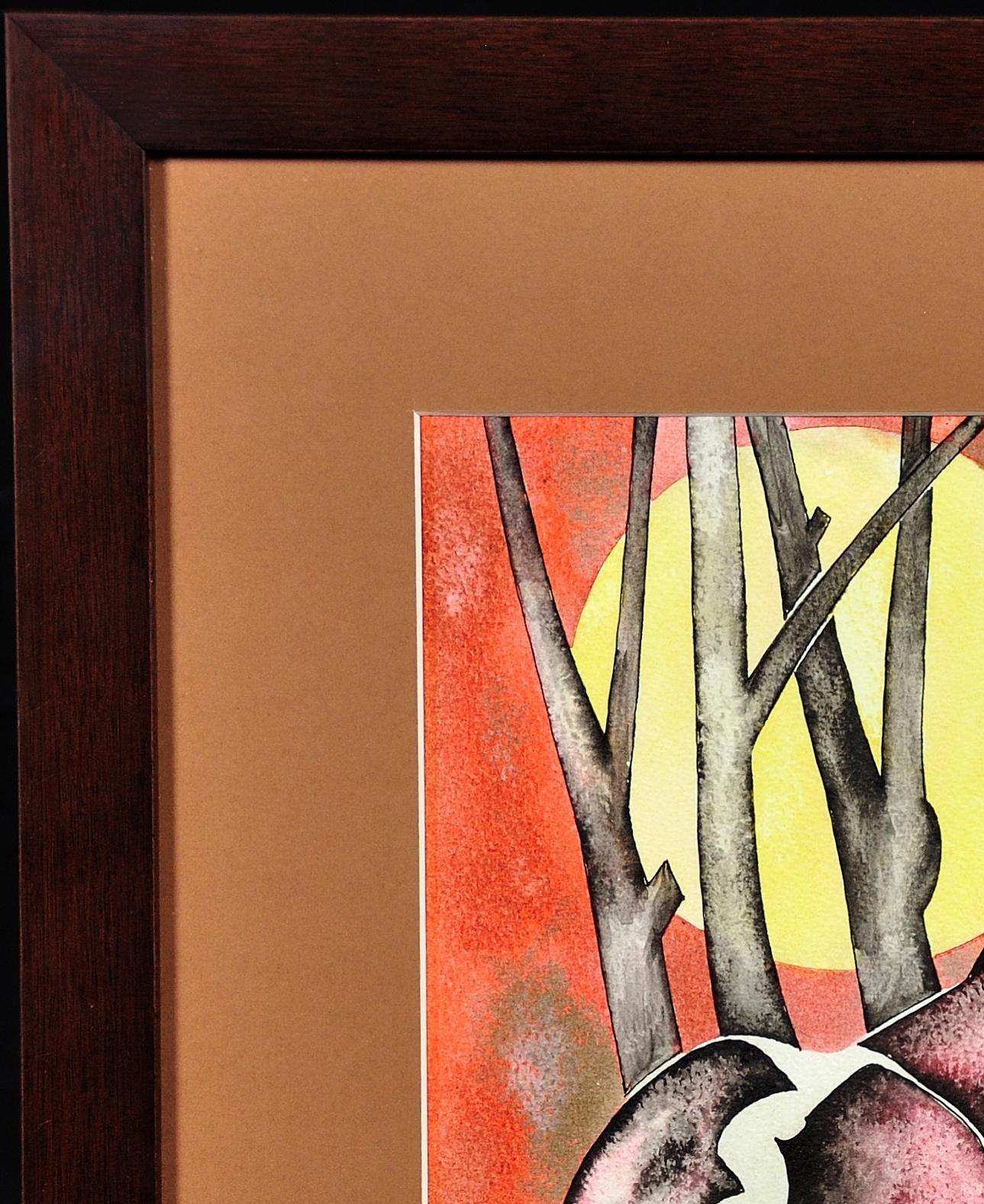 Caballo Con Sol Naciente Modern British Northern Art Acuarela Estética Japonesa en venta 17