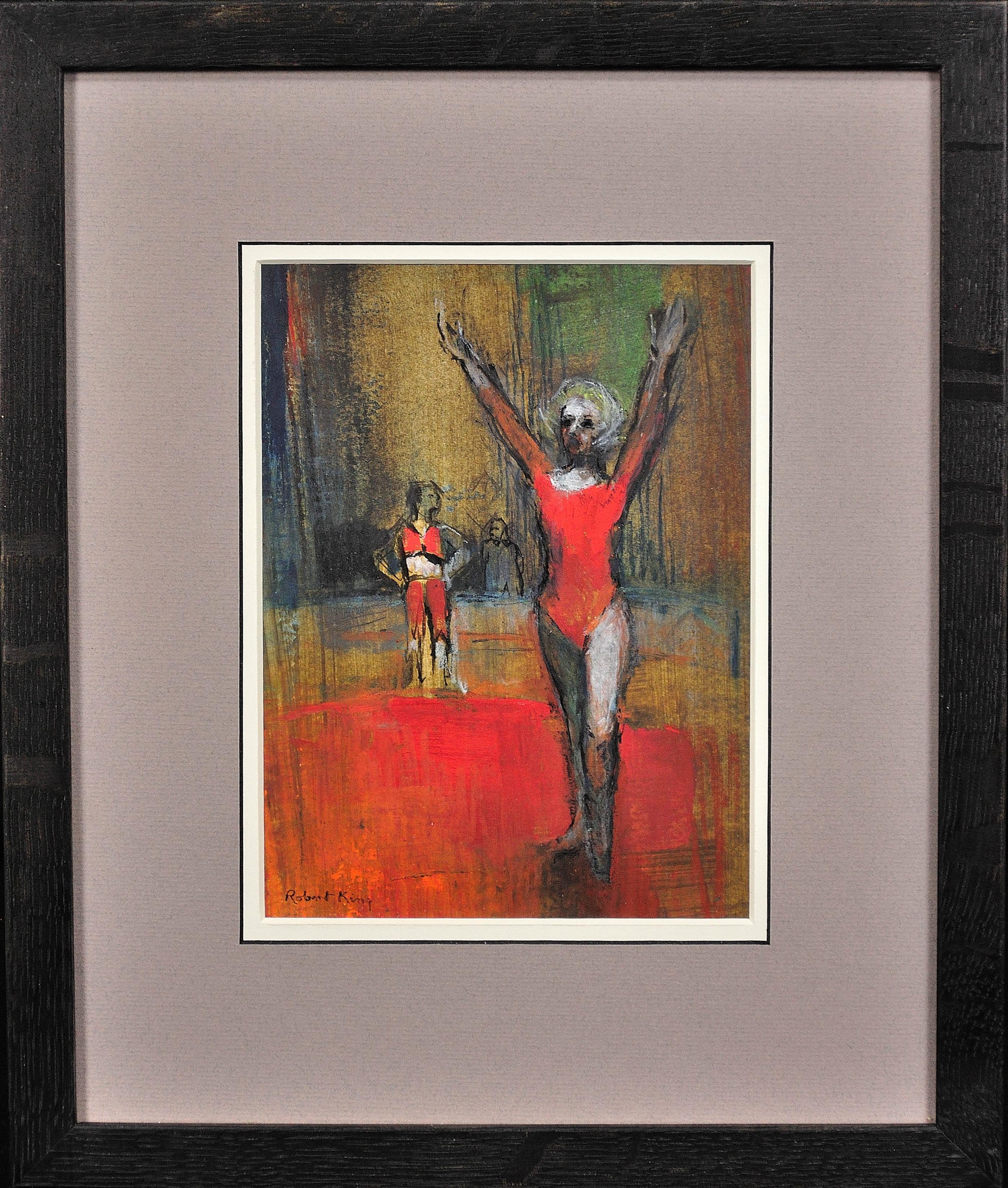 Robert King RI RSMA Figurative Art - Rhythmic Gymnast. Modern British Pastel.Competition.Judge.Coach.Reds. Composure.