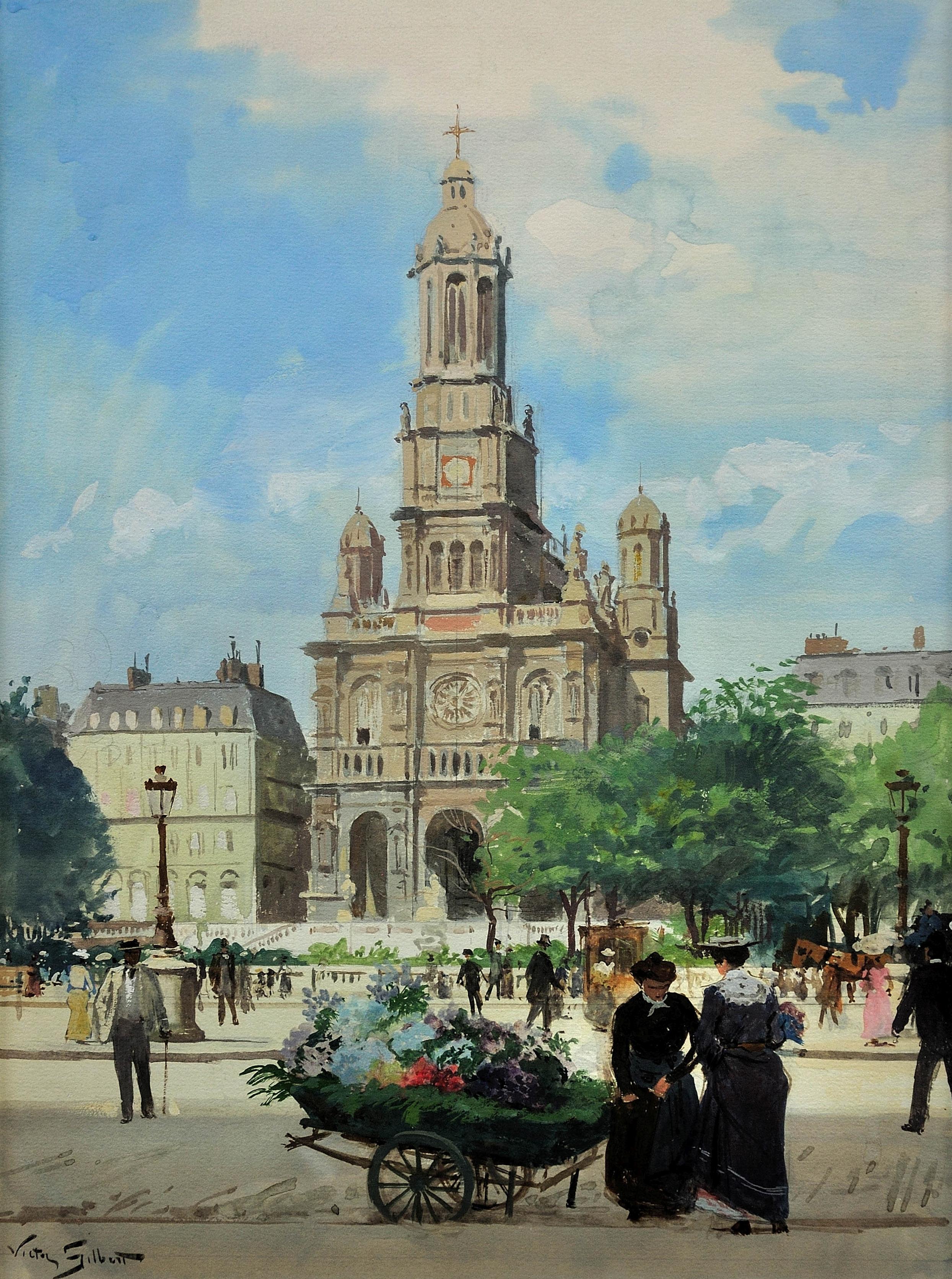 L’ Église de la Sainte-Trinité, Place de la Trinité, Paris. Original Watercolor. - Painting by Victor Gabriel Gilbert