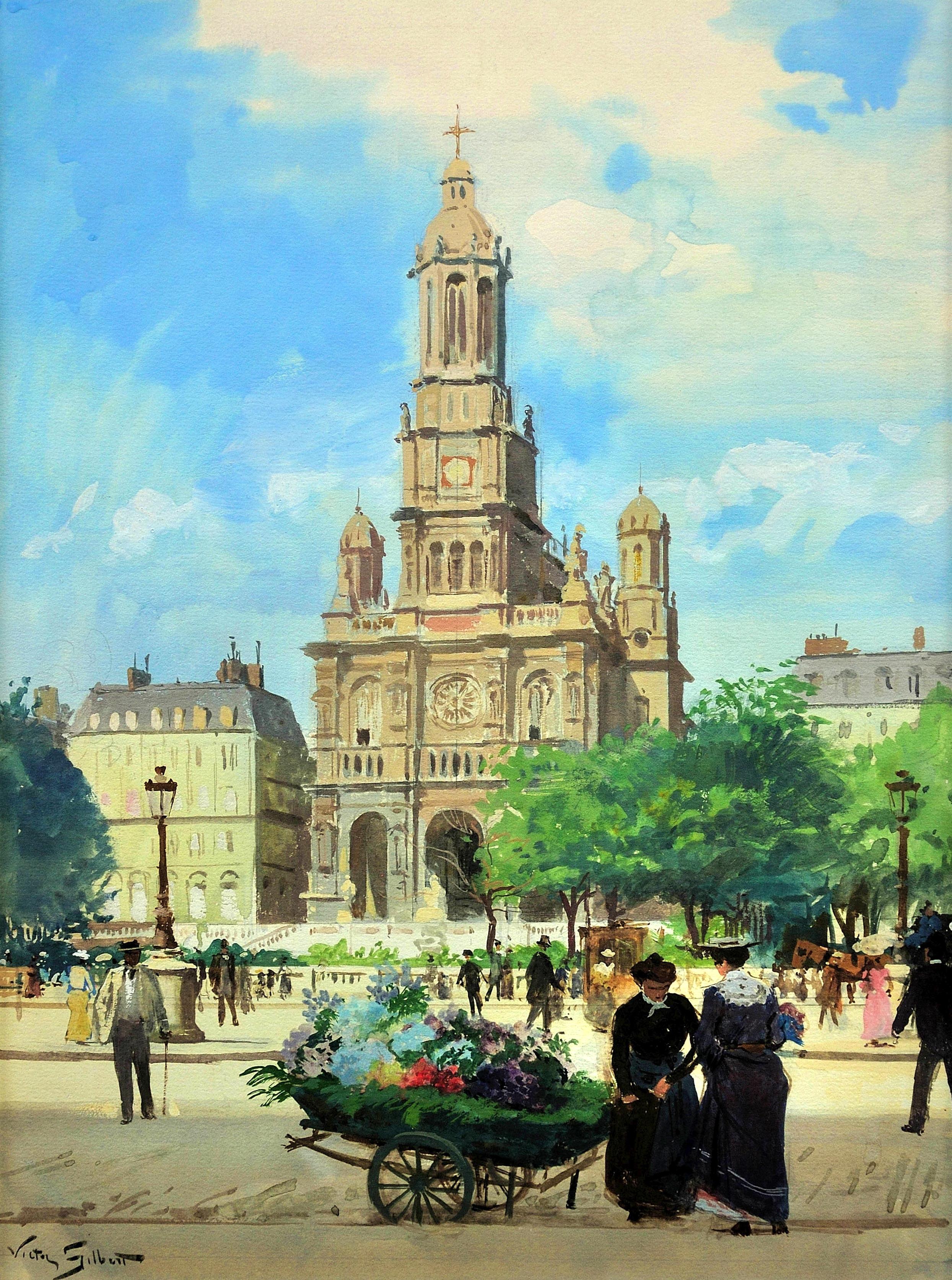La iglesia de la Santísima Trinidad París Principios del siglo XX Pintura parisina enmarcada - Painting de Victor Gabriel Gilbert