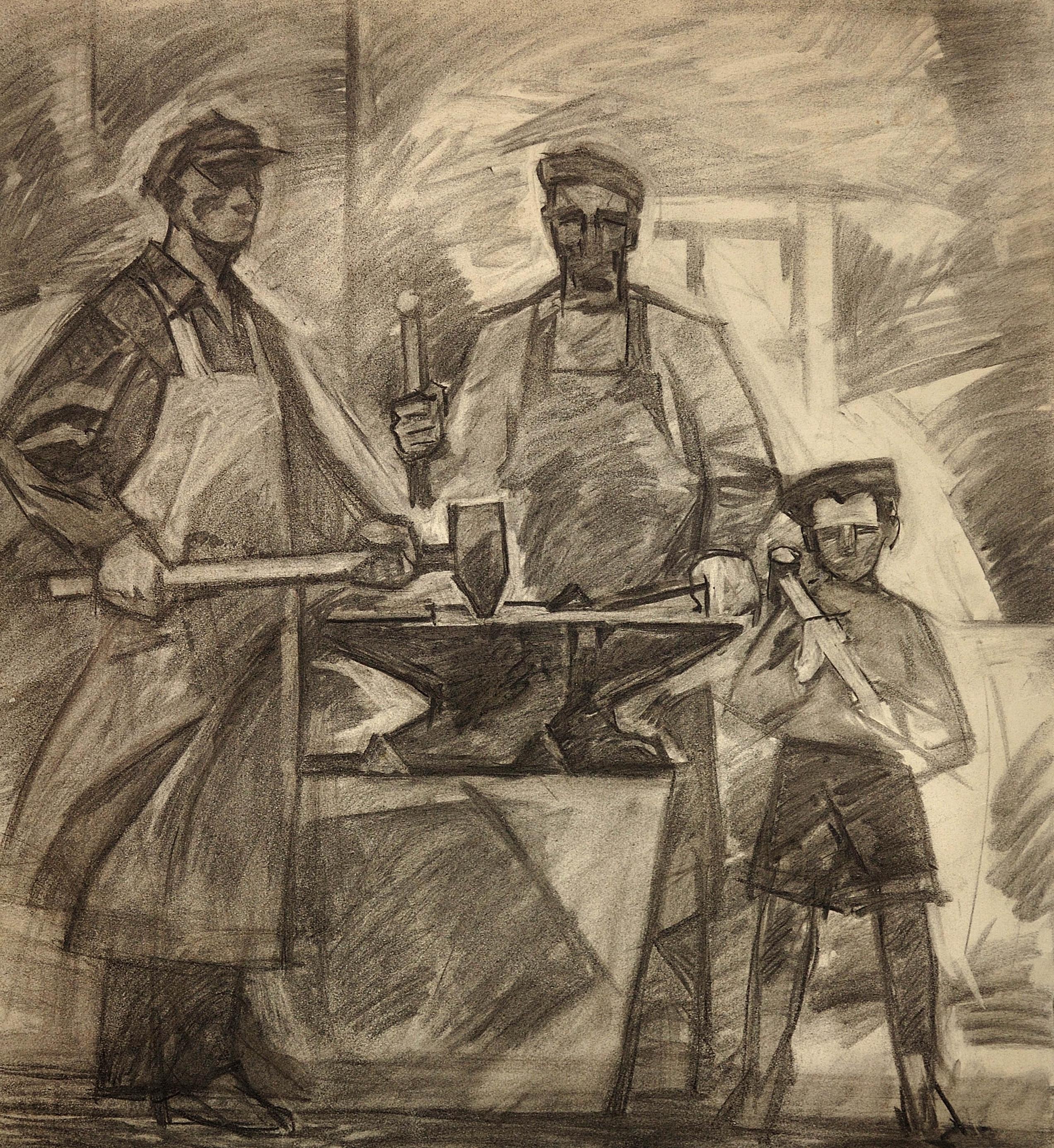 Période soviétique de l'Ukraine du milieu du 20e siècle. Trois générations de travailleurs du métal. - Art de Unknown