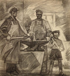 Ucrania soviética de mediados del siglo XX Tres generaciones de trabajadores del acero Dibujo enmarcado