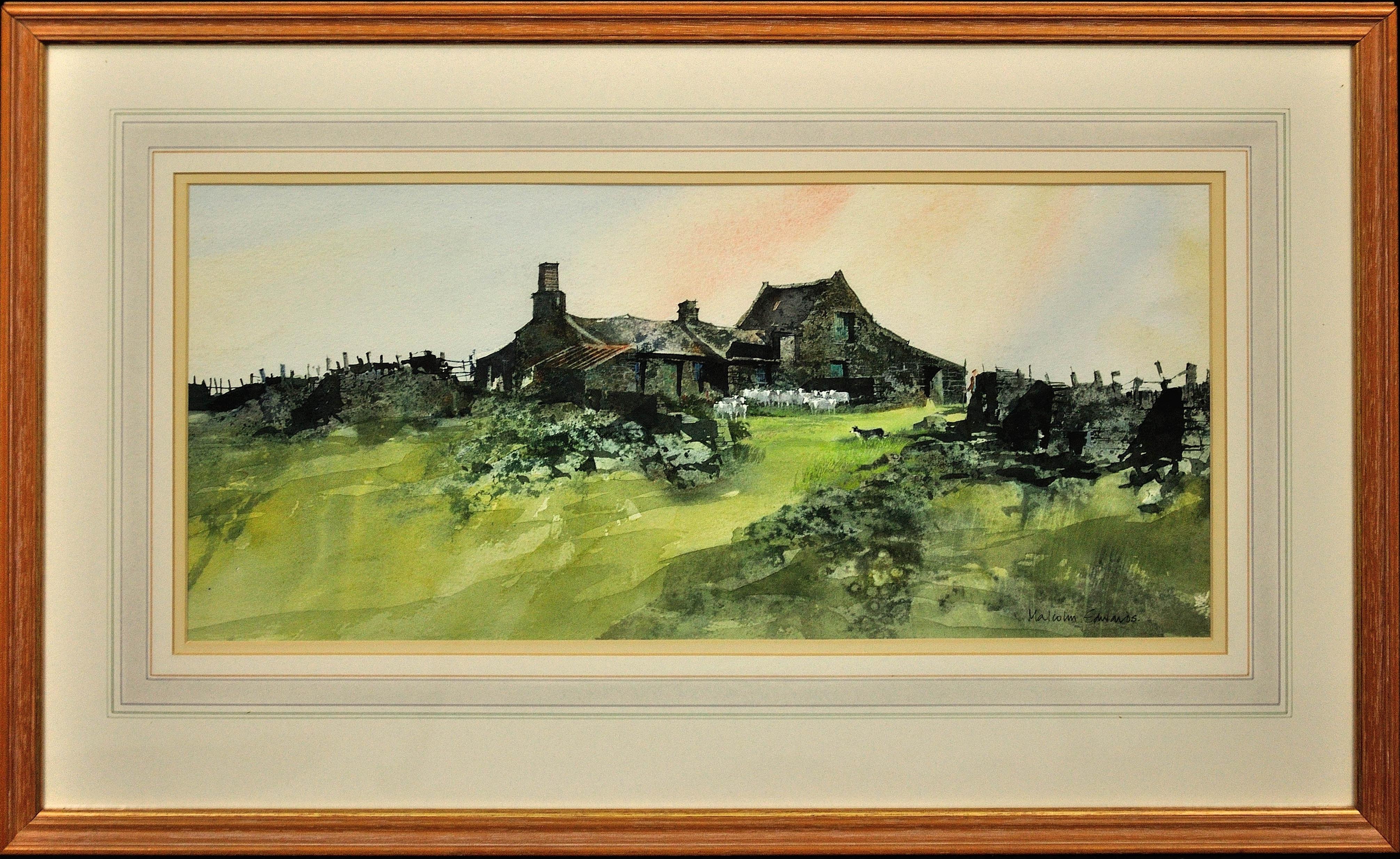 Landscape Art Malcolm Edwards - Chien de berger gallois et berger gardant des moutons dans un paysage de montagne Peinture encadrée
