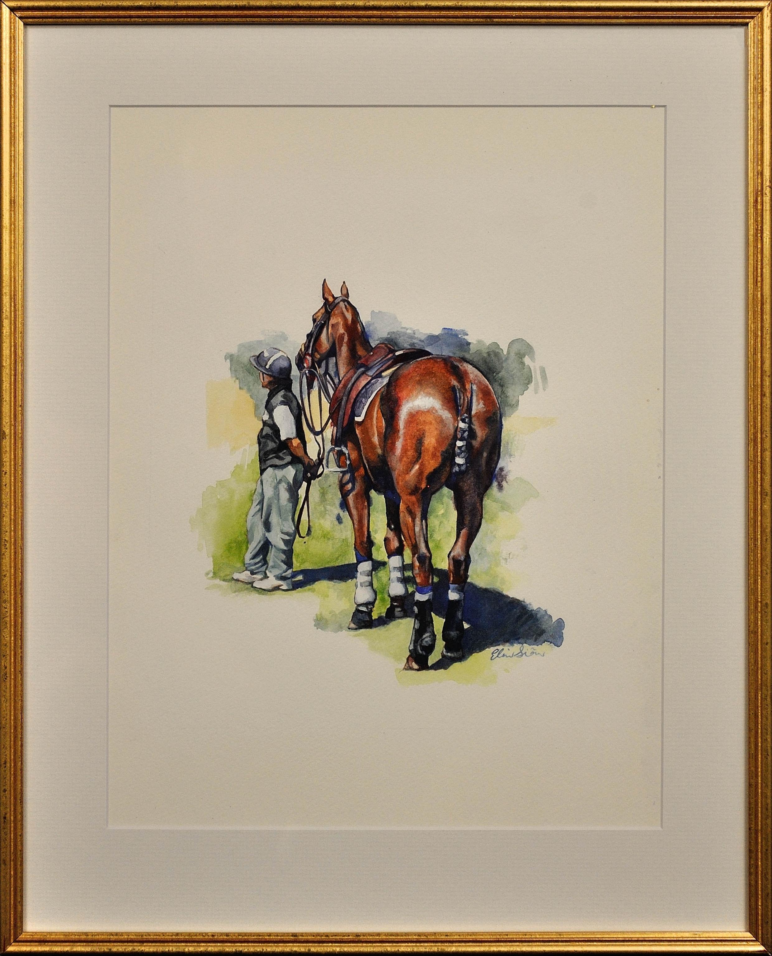 Elin Sian Blake Animal Art – Polospiel, Cirencester,spieler und Pony. Cotswolds. Parkland. Gerahmtes Aquarell