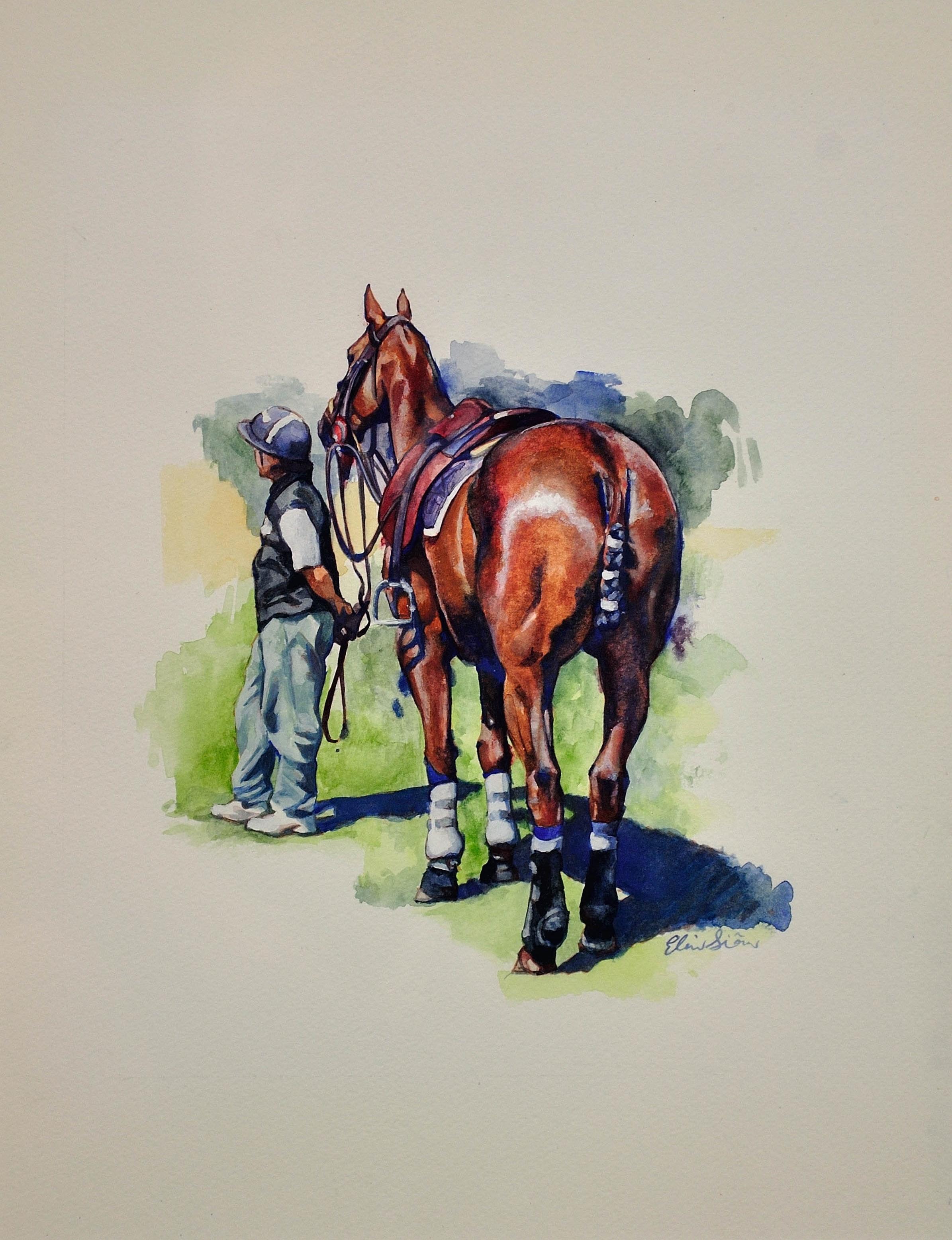Polo Match, Cirencester, Player and Pony. Cotswolds. Parkland. Framed Watercolor - Art by Elin Sian Blake