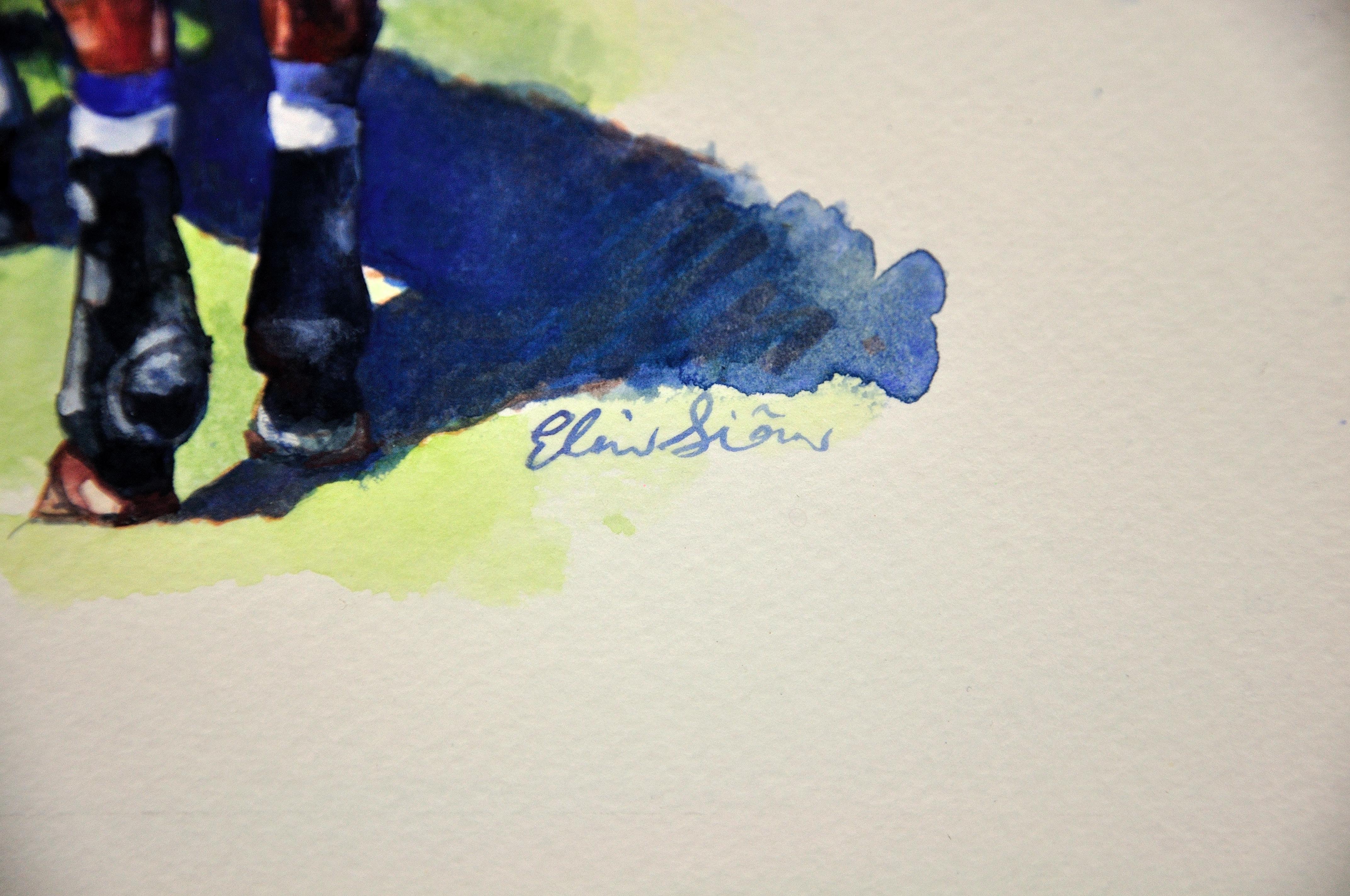 Polo Match, Cirencester, Player and Pony. Cotswolds. Parkland. Framed Watercolor - Realist Art by Elin Sian Blake