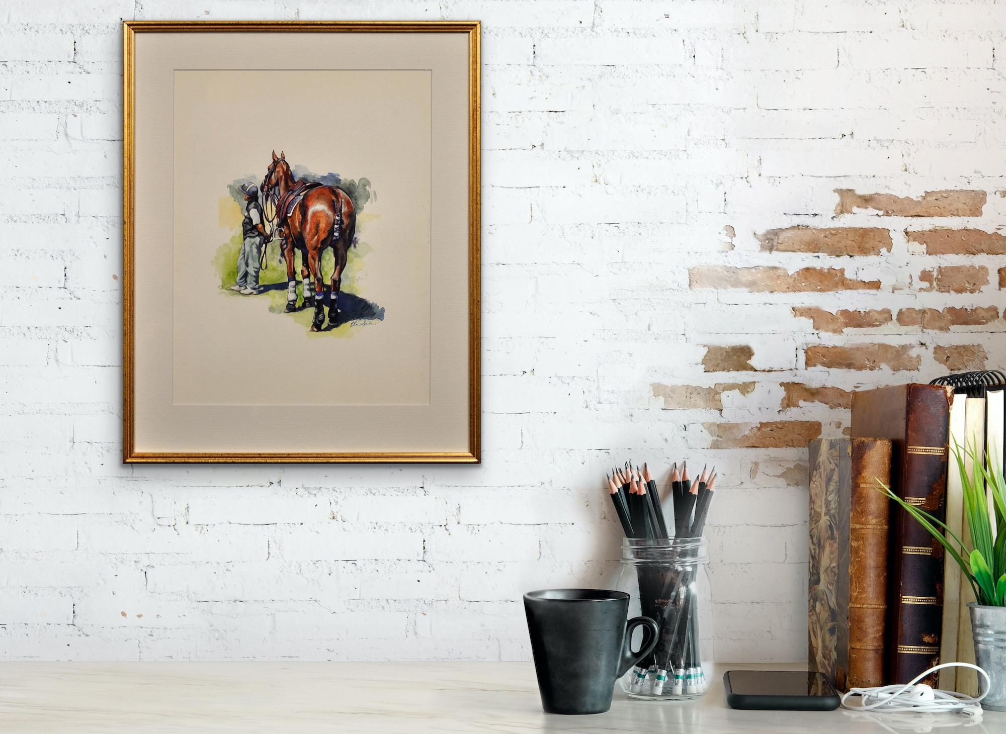 Polo Match, Cirencester, Player and Pony. Cotswolds. Parkland. Framed Watercolor For Sale 15