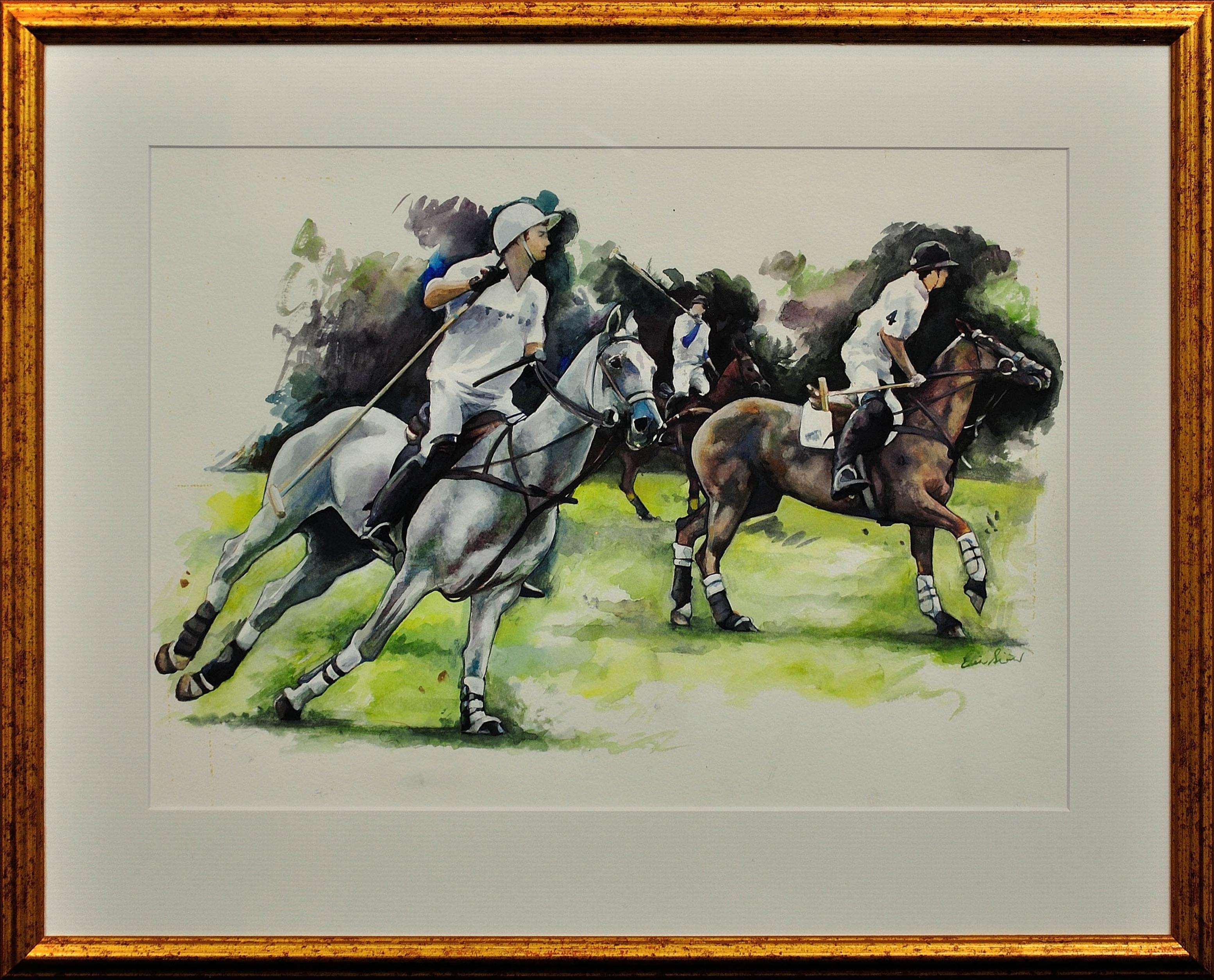 Polospiel, Cirencester, Das erste Chukka. Cotswolds. Parkland.gerahmtes Aquarell