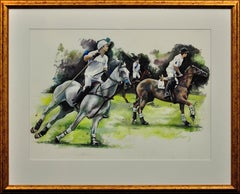 Polospiel, Cirencester, Das erste Chukka. Cotswolds. Parkland.gerahmtes Aquarell