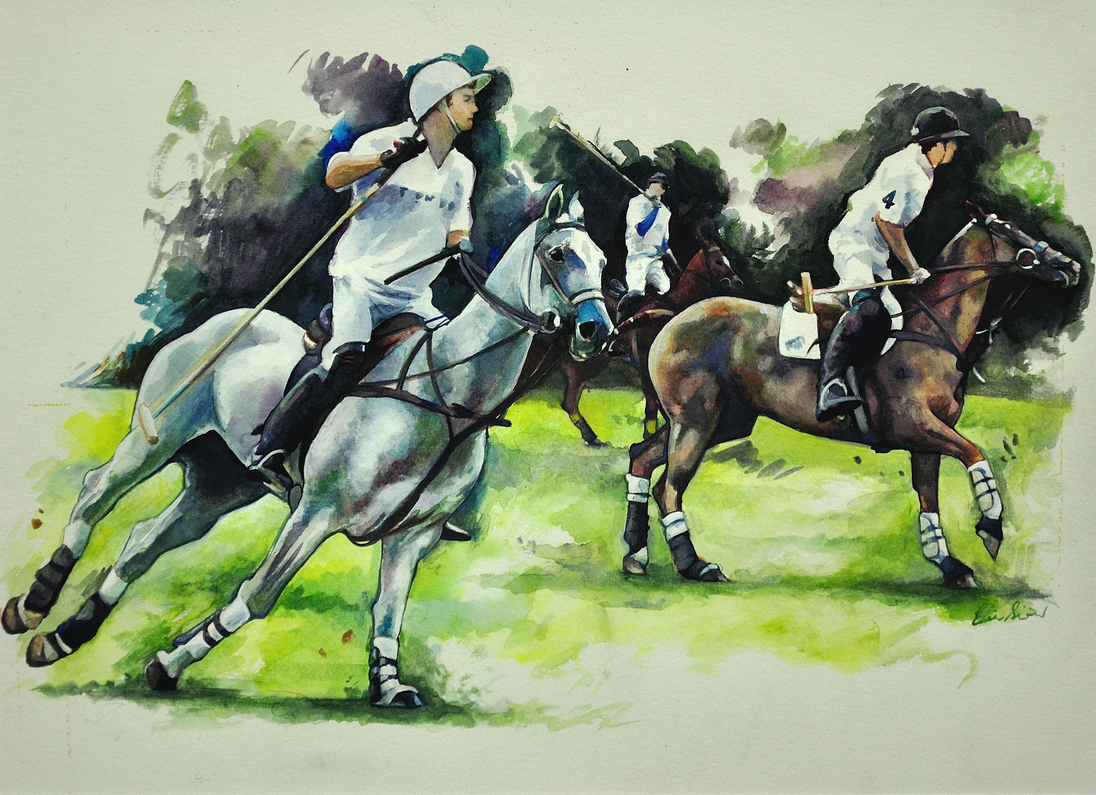 Match de polo, Cirencester, le premier Chukka. Cotswolds. Aquarelle encadrée Parkland - Art de Elin Sian Blake