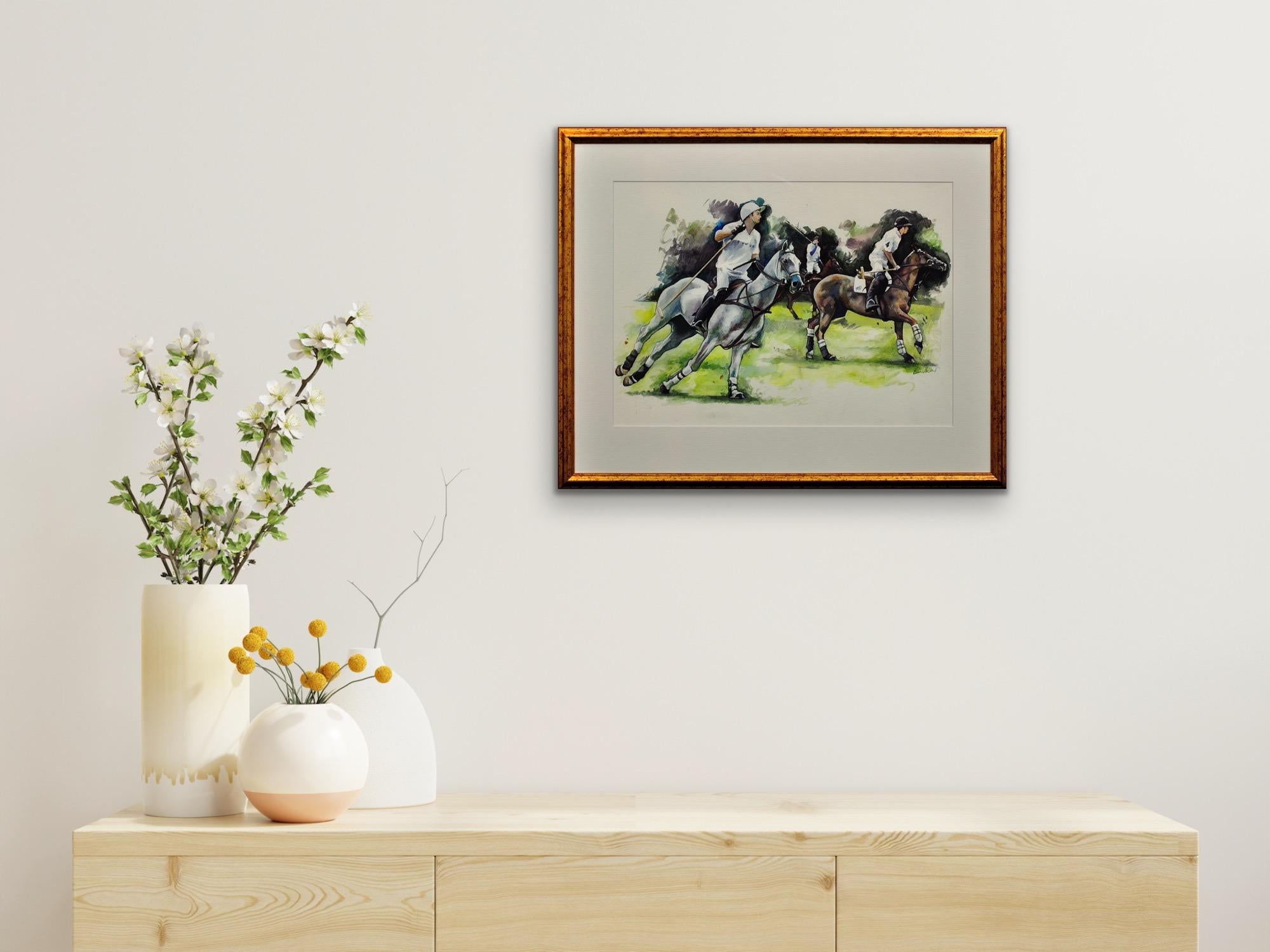Polo Match, Cirencester, The First Chukka. Cotswolds. Parkland.Framed Watercolor For Sale 6