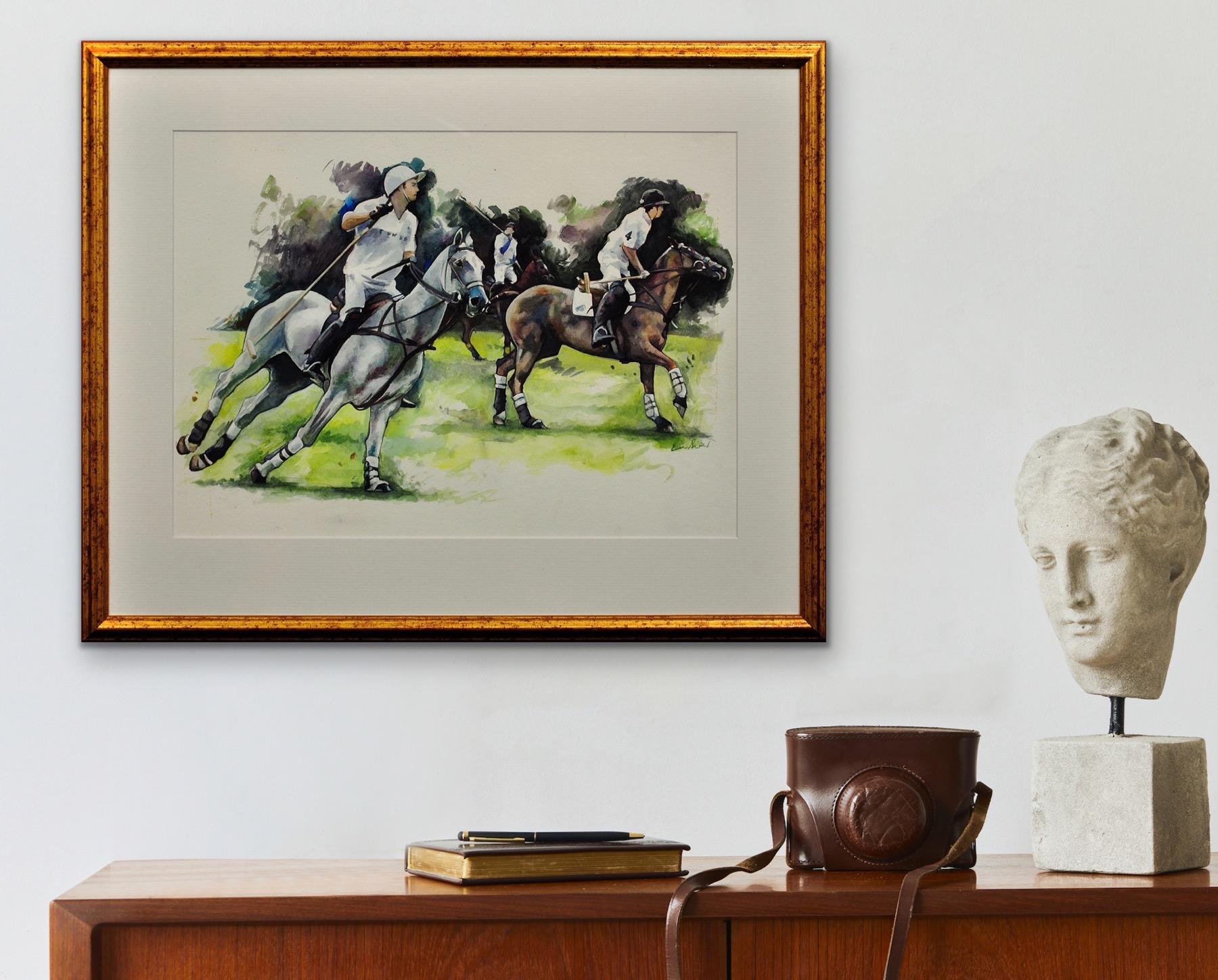 Match de polo, Cirencester, le premier Chukka. Cotswolds. Aquarelle encadrée Parkland en vente 15