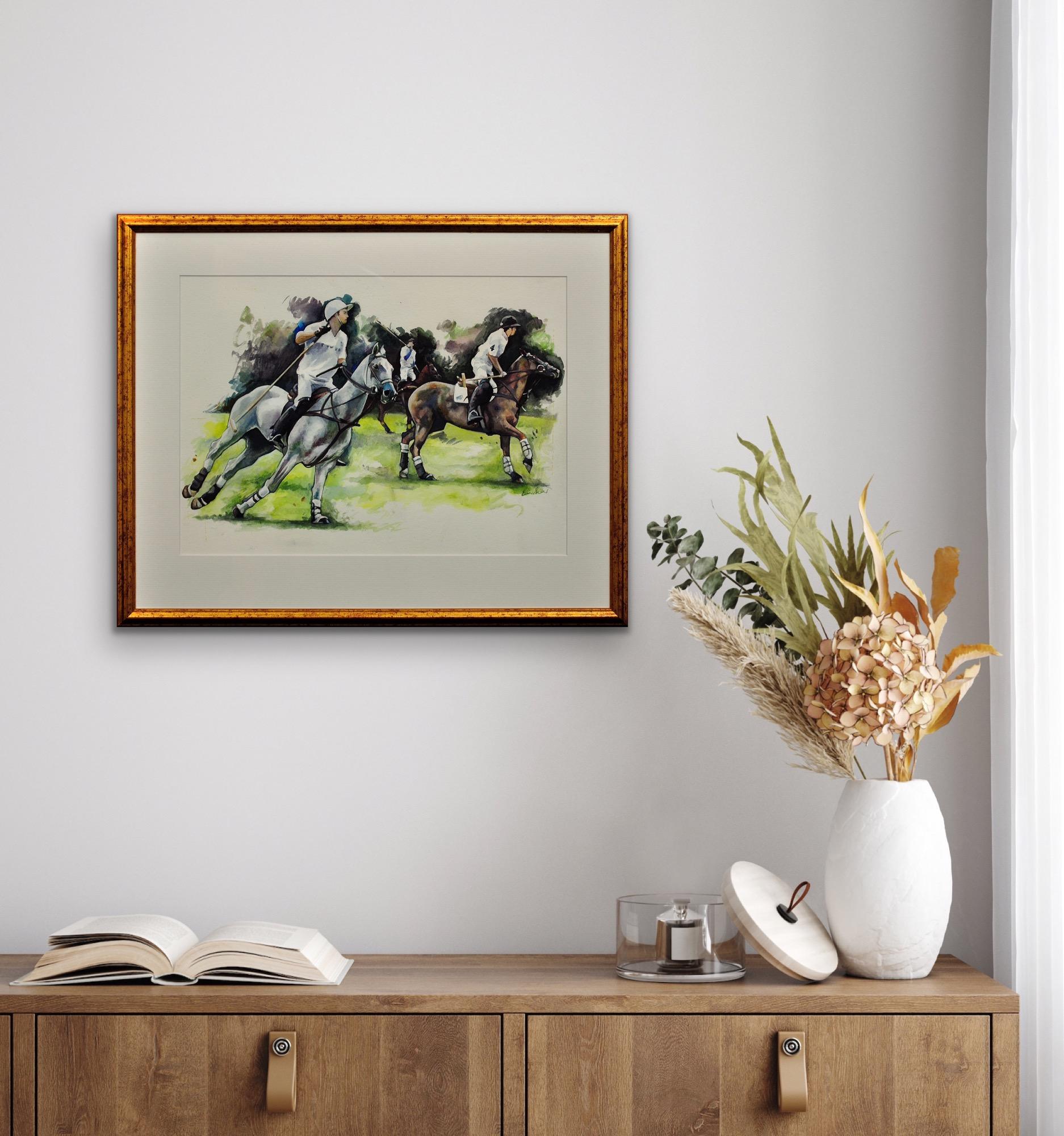 Polo Match, Cirencester, The First Chukka. Cotswolds. Parkland.Framed Watercolor For Sale 9