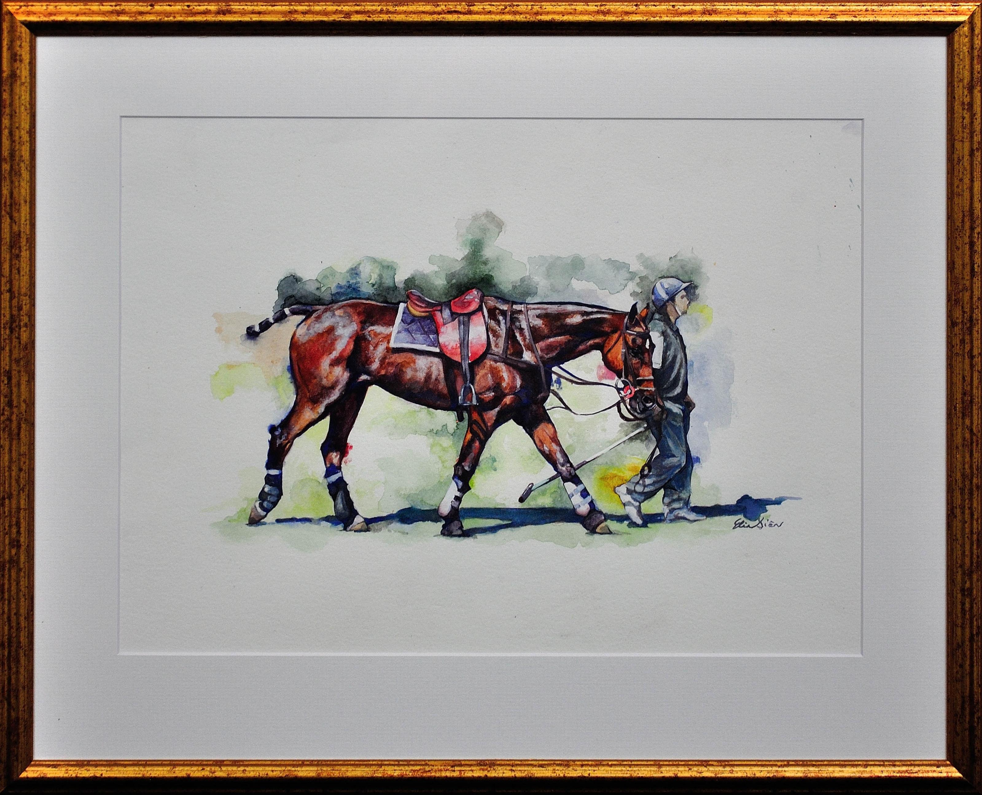 Animal Art Elin Sian Blake - Match de polo, Cirencester, joueur chevauchant le cheval principal Cotswolds. Aquarelle encadrée.