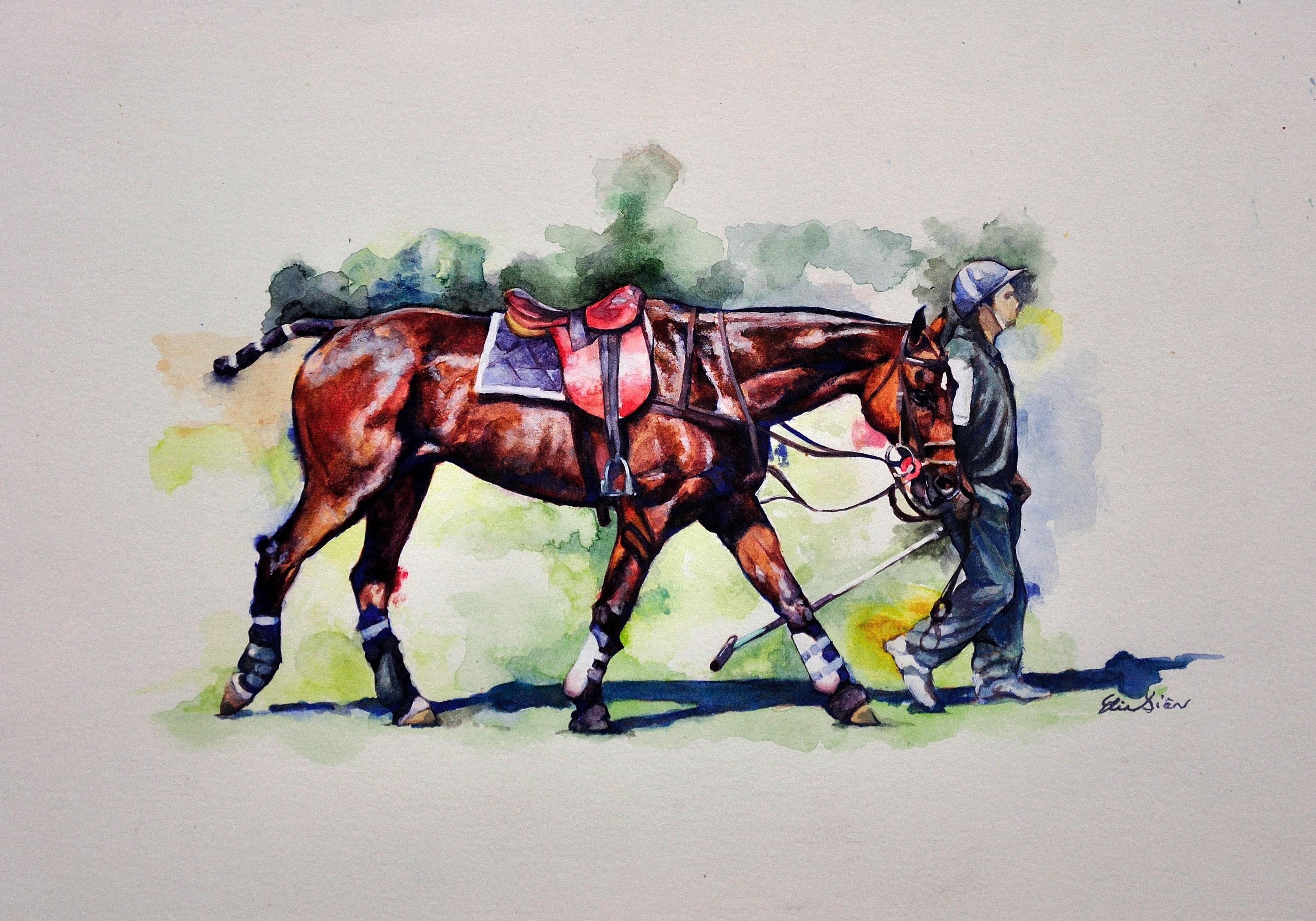 Match de polo, Cirencester, joueur chevauchant le cheval principal Cotswolds. Aquarelle encadrée. - Art de Elin Sian Blake
