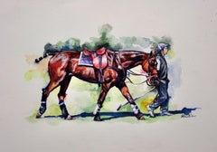 Polo Match At Cirencester Cotswolds Player Leading Pony Framed Watercolor
