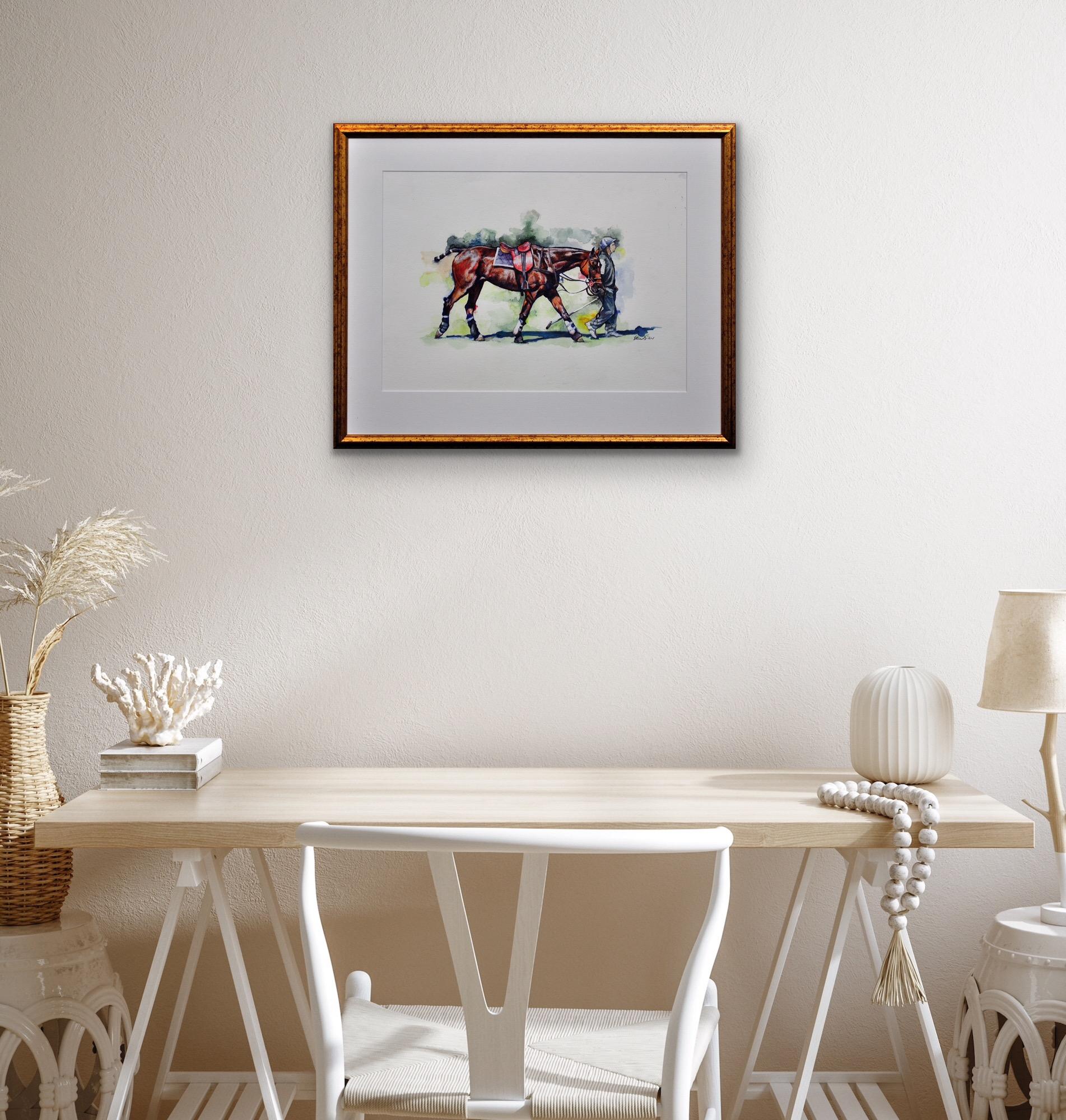 Polo Match, Cirencester, Player Leading Pony. Cotswolds. Framed Watercolor. For Sale 5