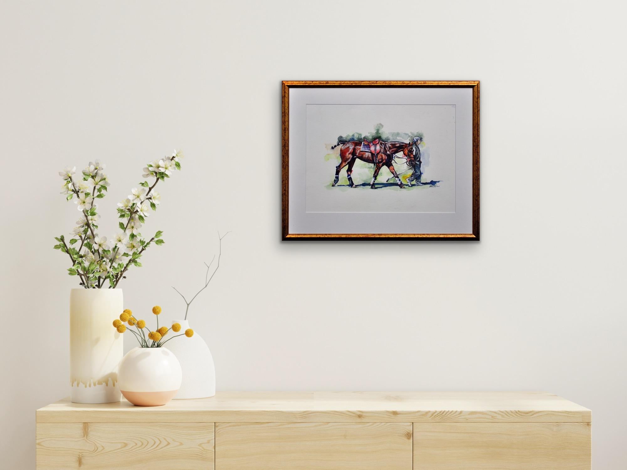 Polo Match, Cirencester, Player Leading Pony. Cotswolds. Framed Watercolor. For Sale 16