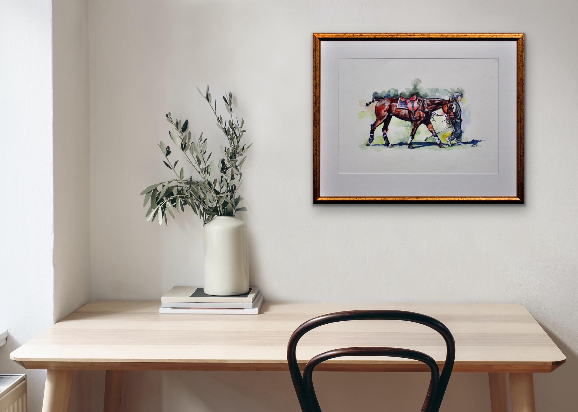 Polo Match, Cirencester, Player Leading Pony. Cotswolds. Framed Watercolor. For Sale 8