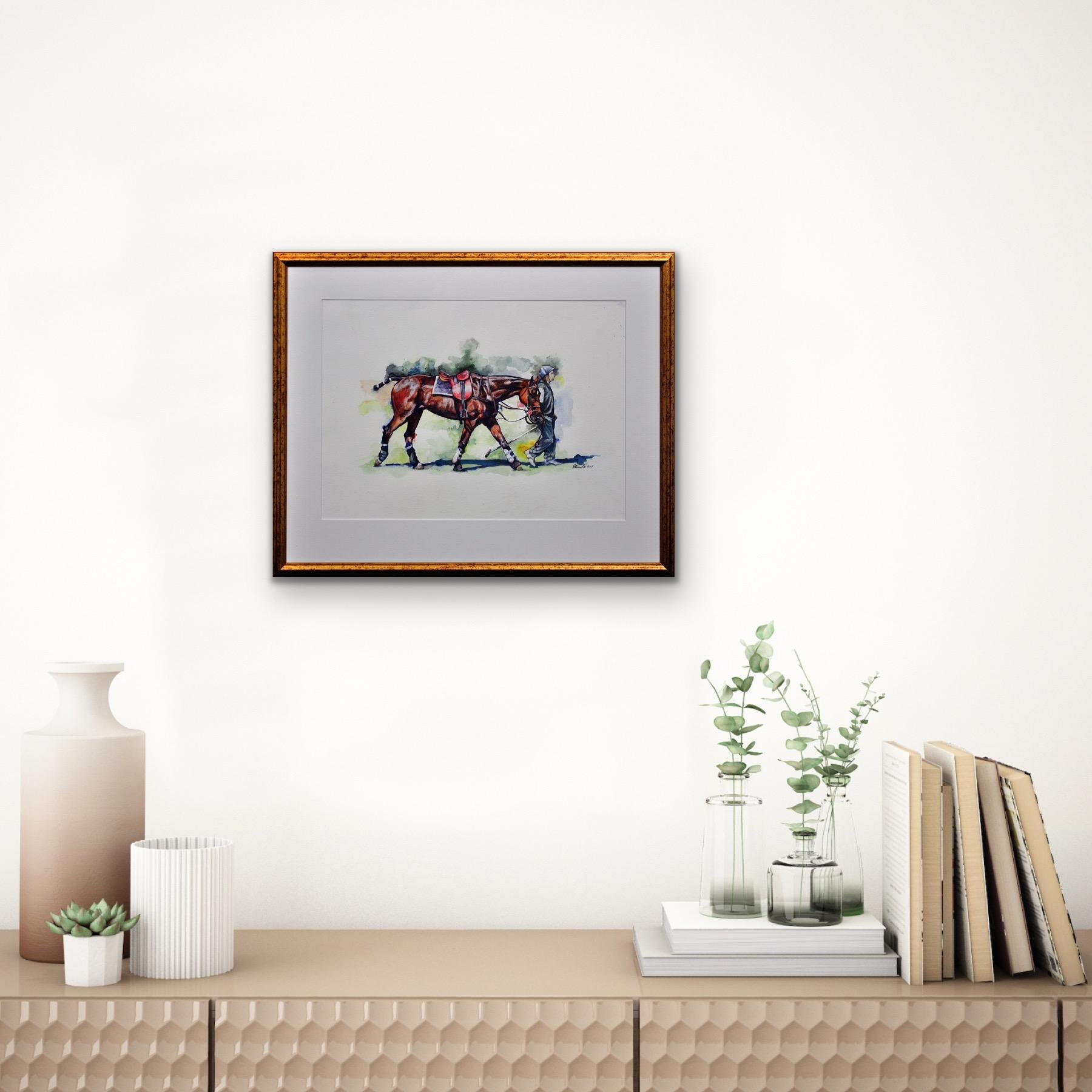 Polo Match, Cirencester, Player Leading Pony. Cotswolds. Framed Watercolor. For Sale 6