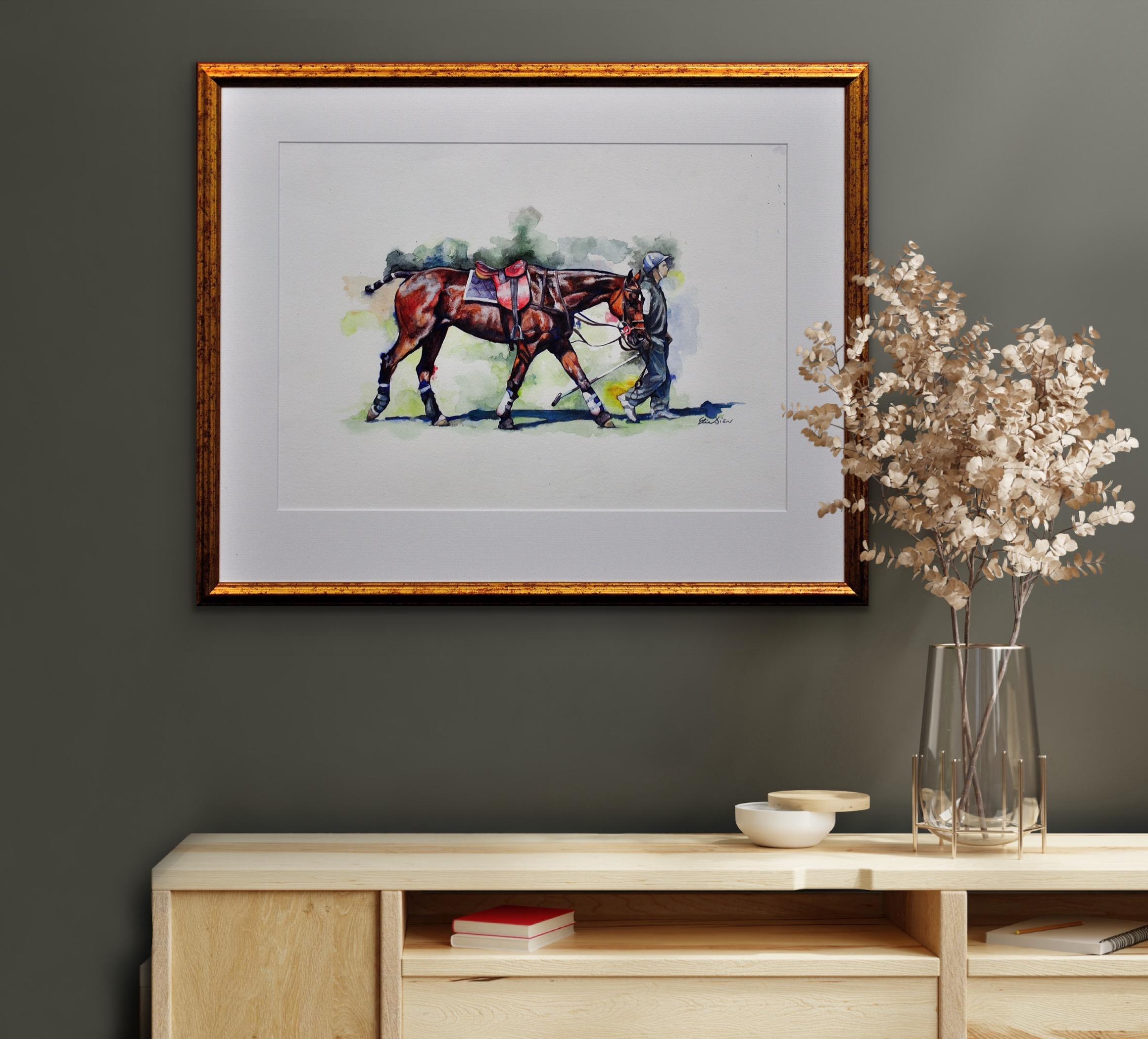 Polo Match, Cirencester, Player Leading Pony. Cotswolds. Framed Watercolor. For Sale 9