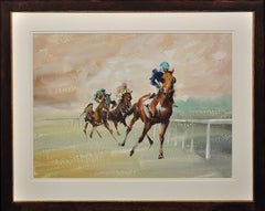 Ein Drei-Pferd-Rennen. 1963. Mitte des Jahrhunderts. Pferde.Jockeys. Pferderennen. Rennstrecke.