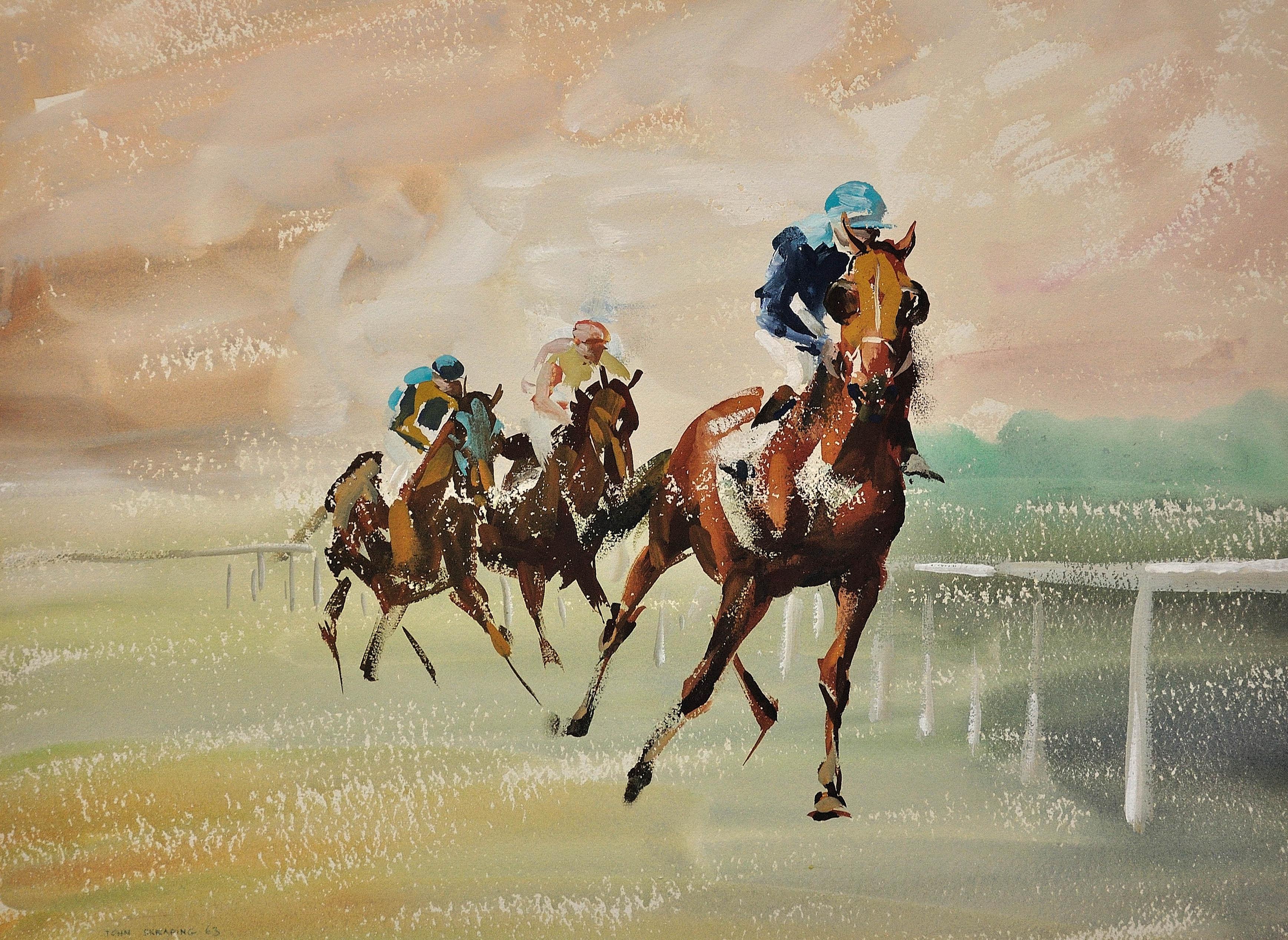 Une course à trois chevaux. 1963. Milieu du siècle. Jockeys équins. Courses de chevaux. Hippodrome. - Art de John Rattenbury Skeaping