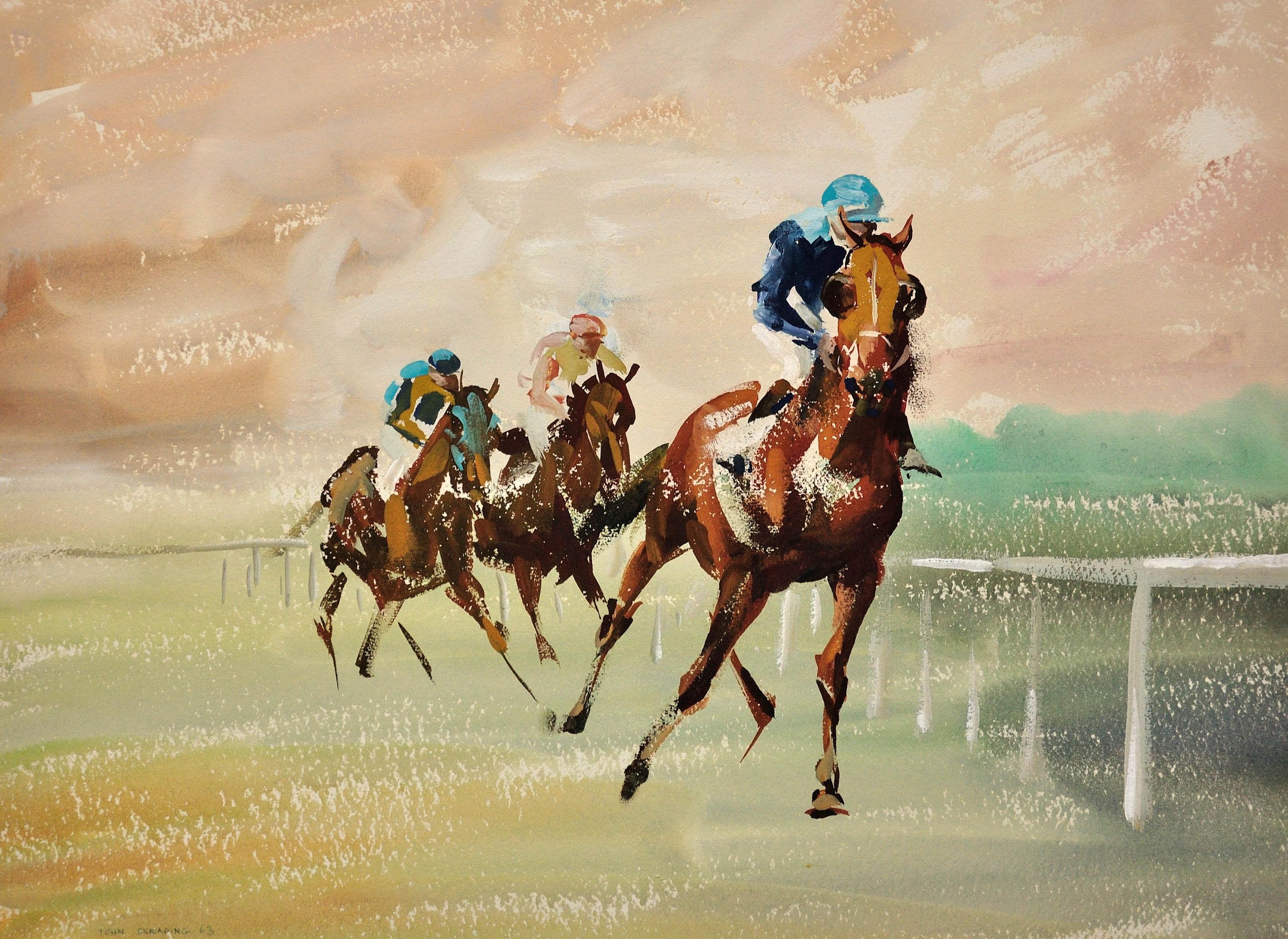 Ein gerahmtes Original-Aquarellgemälde mit drei Pferderennen aus dem 20. Jahrhundert, Original-Pferdrennen – Art von John Rattenbury Skeaping