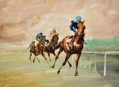 A Three Horse Race Framed 20th Century Original Horse Racing Watercolor Painting
