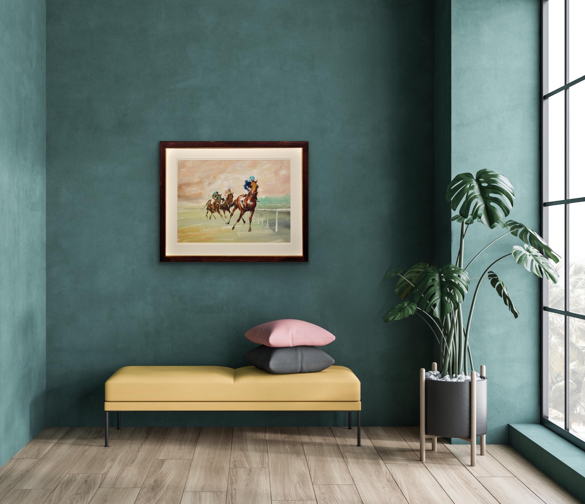 Ein gerahmtes Original-Aquarellgemälde mit drei Pferderennen aus dem 20. Jahrhundert, Original-Pferdrennen im Angebot 13