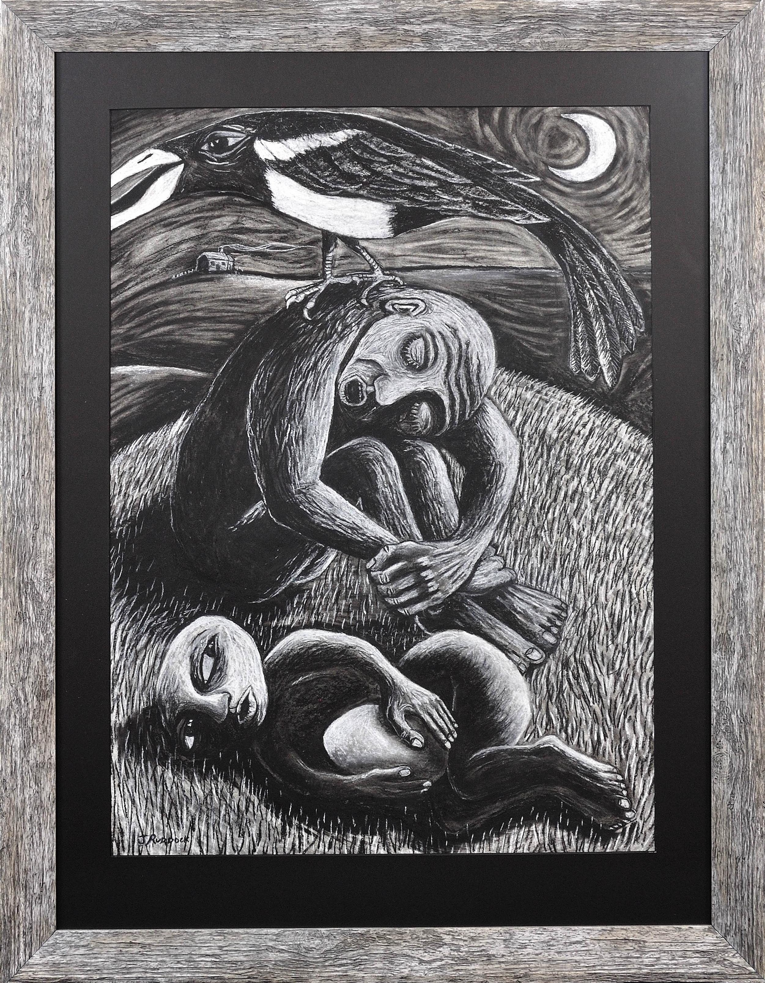 Julian Ruddock Figurative Art – Der Dieb. Original-Zeichnung. Welsh Artist. Elster.Spätes 20. Jahrhundert.Schwarz & Weiß