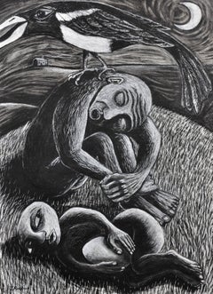 The Thief Framed Symbolist & Expressionist Pastel Artwork Magpie Black & White