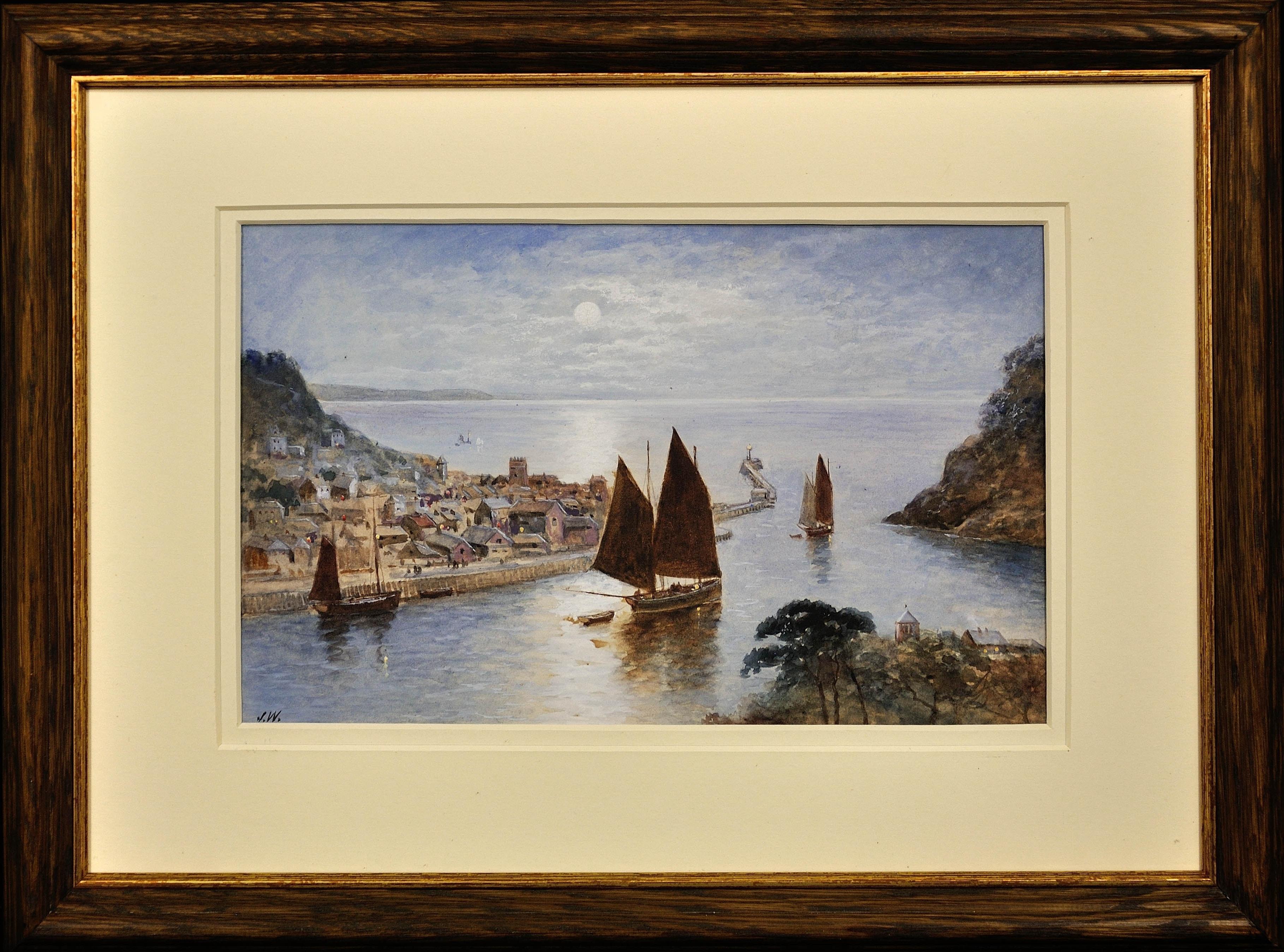 J. Wilson Landscape Art - Looe Town & Harbor, Cornwall. Luggers Under Sail. Early Morning. Circa 1860.