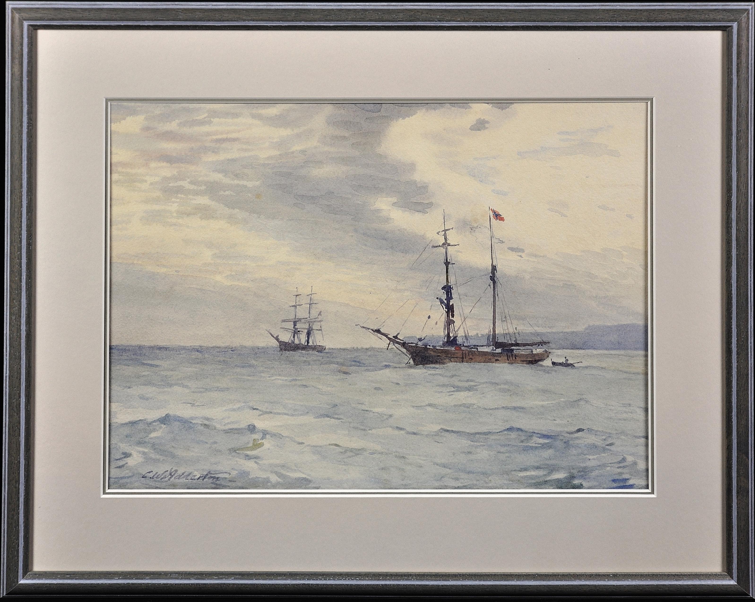 Charles William Adderton Landscape Art - Norwegian Barques at Anchor, Lyme Bay, English Channel. Victorian.Marine Art.