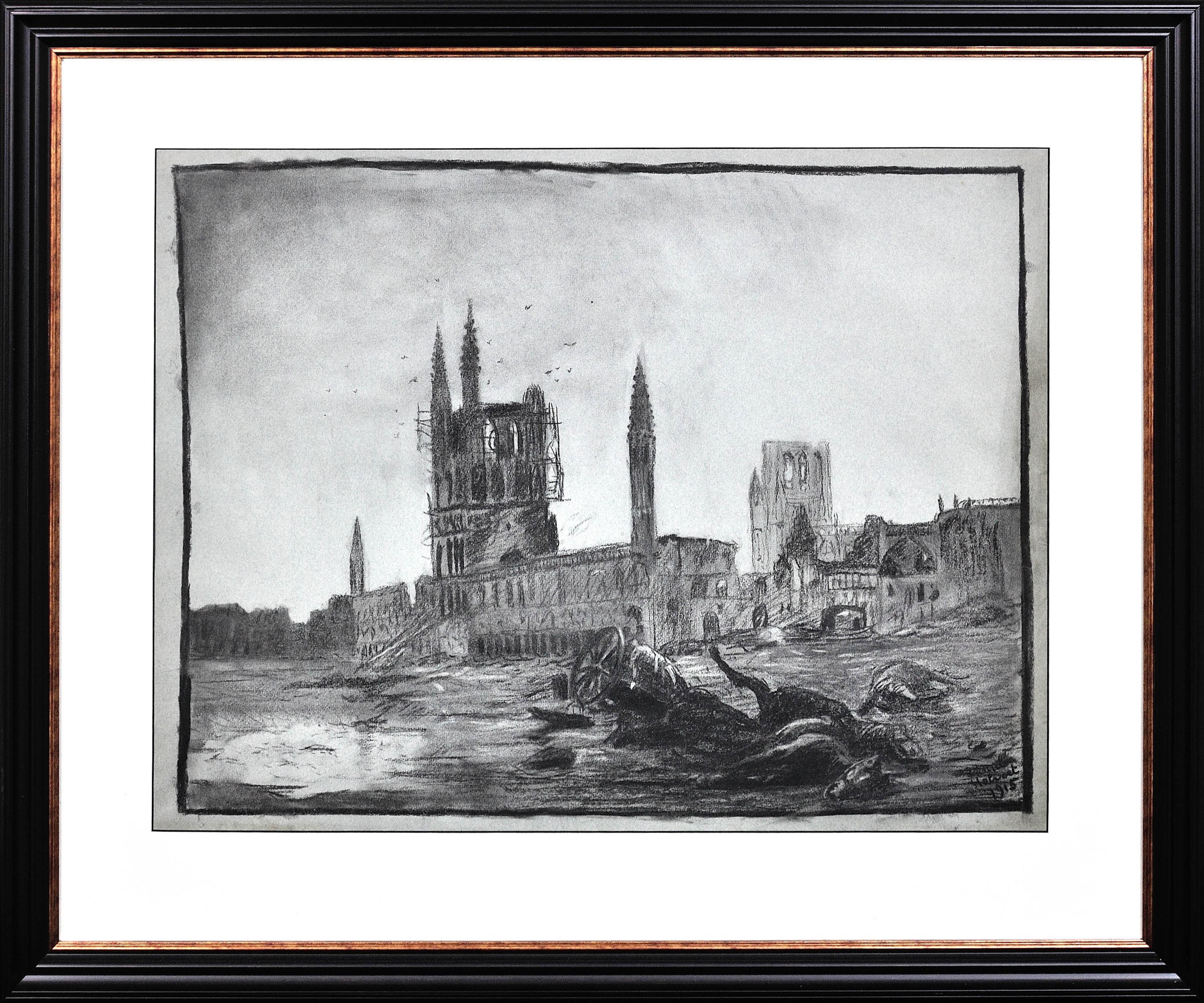 Leopold Halvoet Landscape Art - World War 1 Trench Art Battlefield Framed Drawing Belgian Soldier Arras France