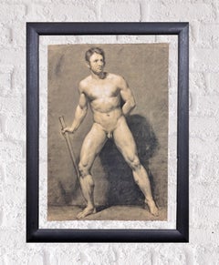 Antique Biedermeier Period Academic Life Study Male Nude Carrying a Staff circa 1826.