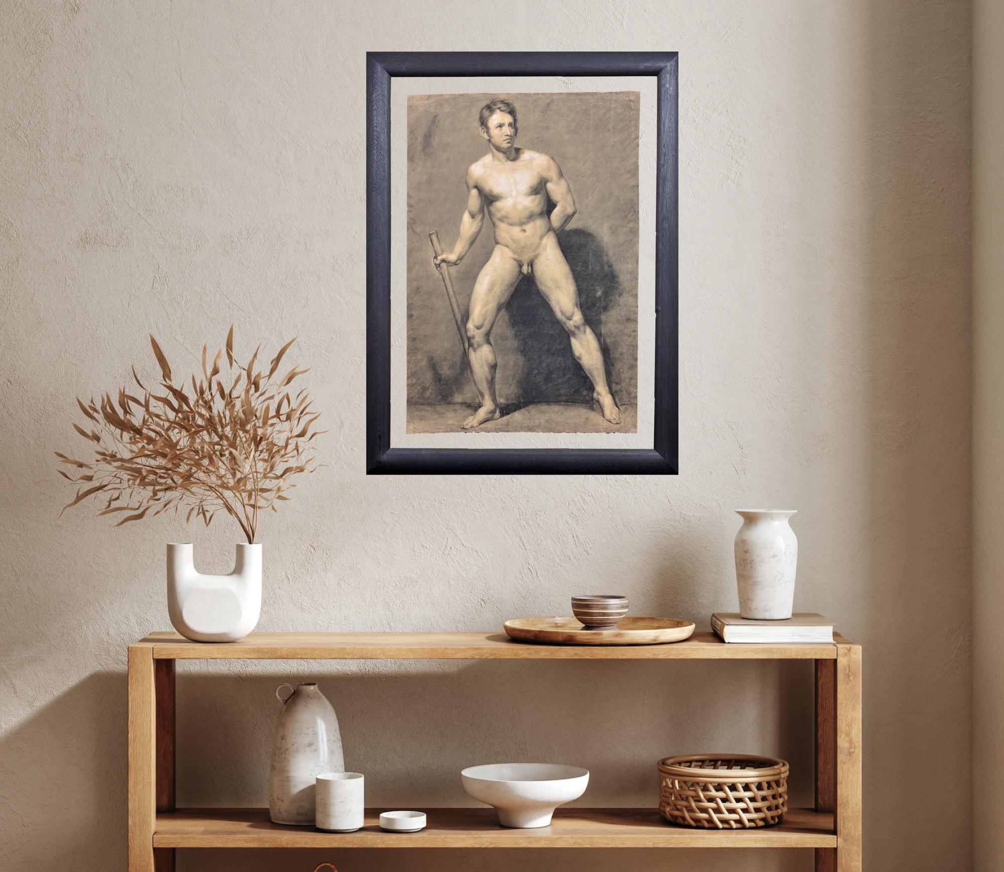Akademische Lebensstudie aus dem Biedermeier Männlicher Akt mit Stab CIRCA 1826 im Angebot 6