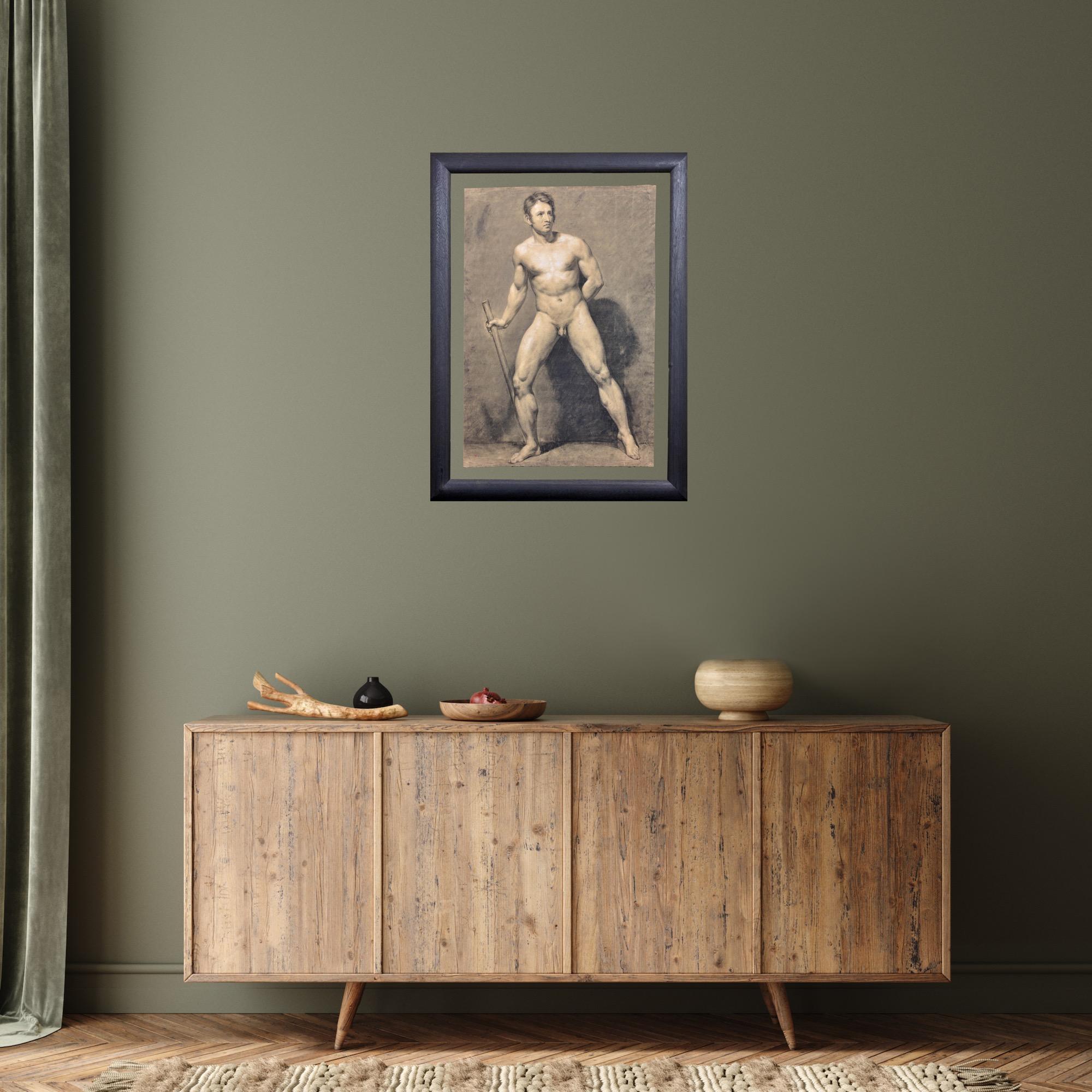Akademische Lebensstudie aus dem Biedermeier Männlicher Akt mit Stab CIRCA 1826 im Angebot 16