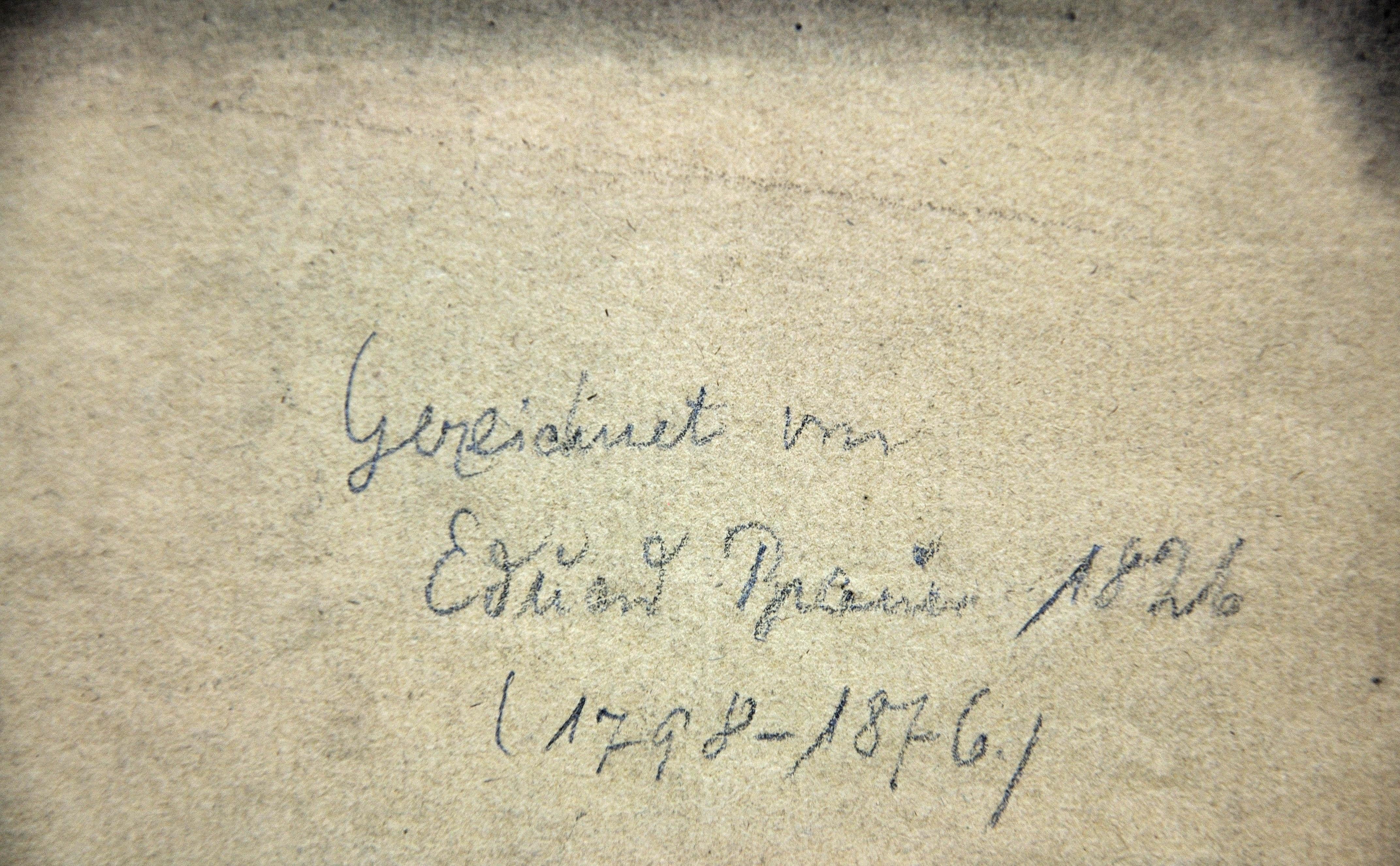 Eduard Braun.
Deutscher ( geb.1798 - gest.1876 ).
Eine akademische Lebensstudie eines männlichen Aktes in der Rückansicht, der einen Gehstock hält.
Und auf der Rückseite
Eine akademische Lebensstudie eines männlichen Aktes, der die Arme in die Höhe