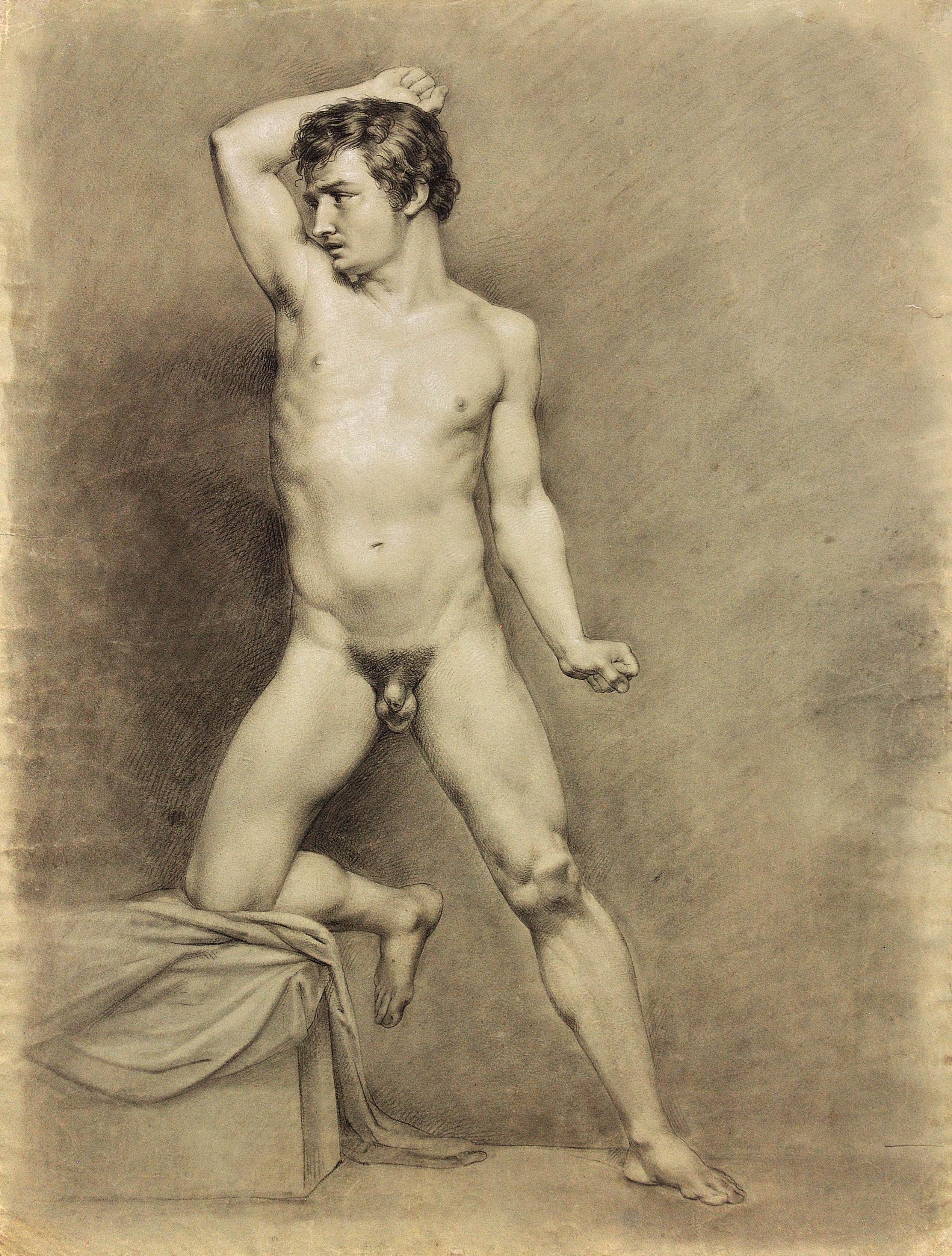 Pose de l'époque Biedermeier, étude de la vie universitaire, nu masculin demi agenouillé, vers 1826 - Art de Eduard Braun